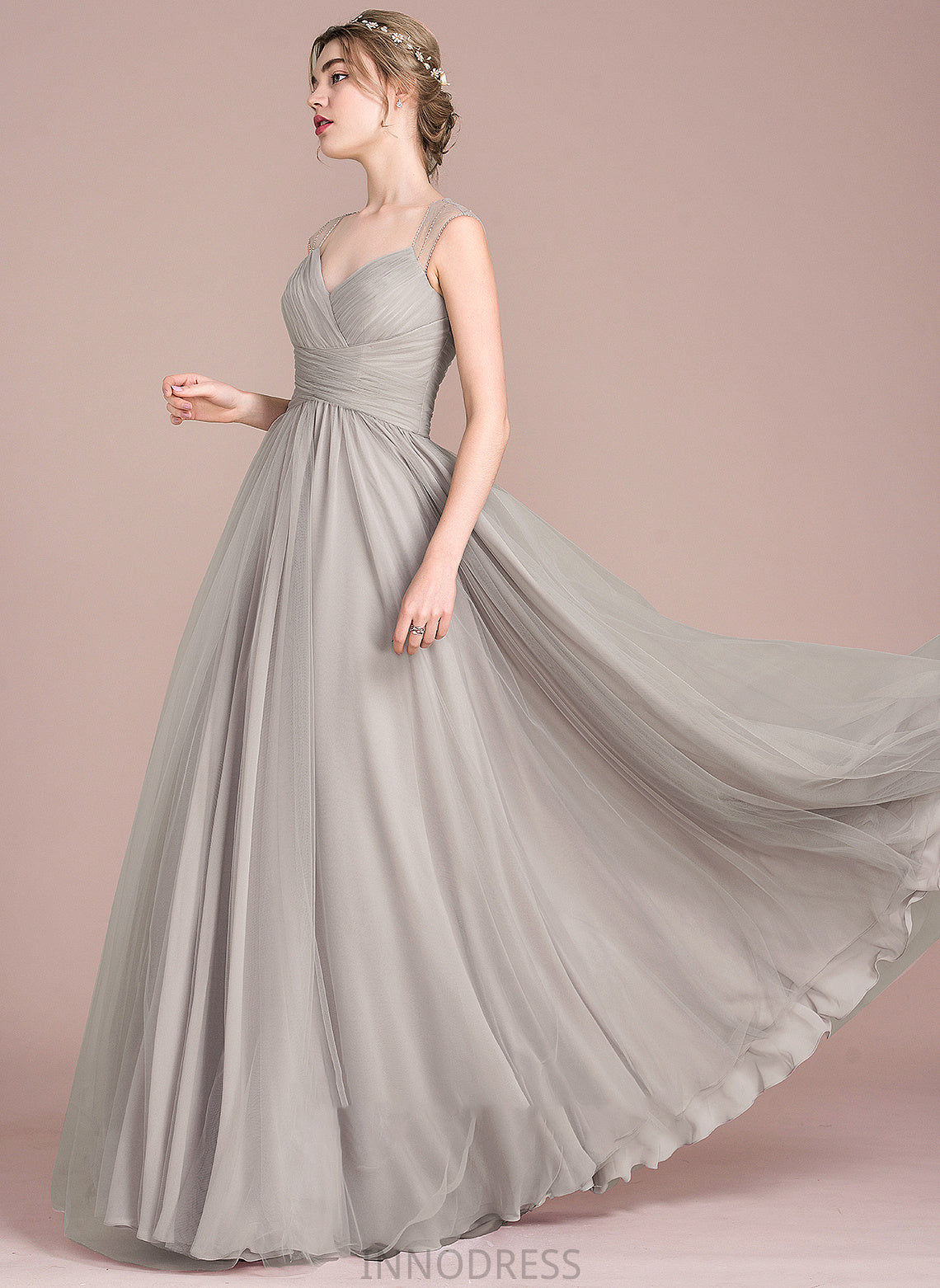 Beading V-neck Prom Dresses Julia Tulle With Floor-Length Ruffle Ball-Gown/Princess