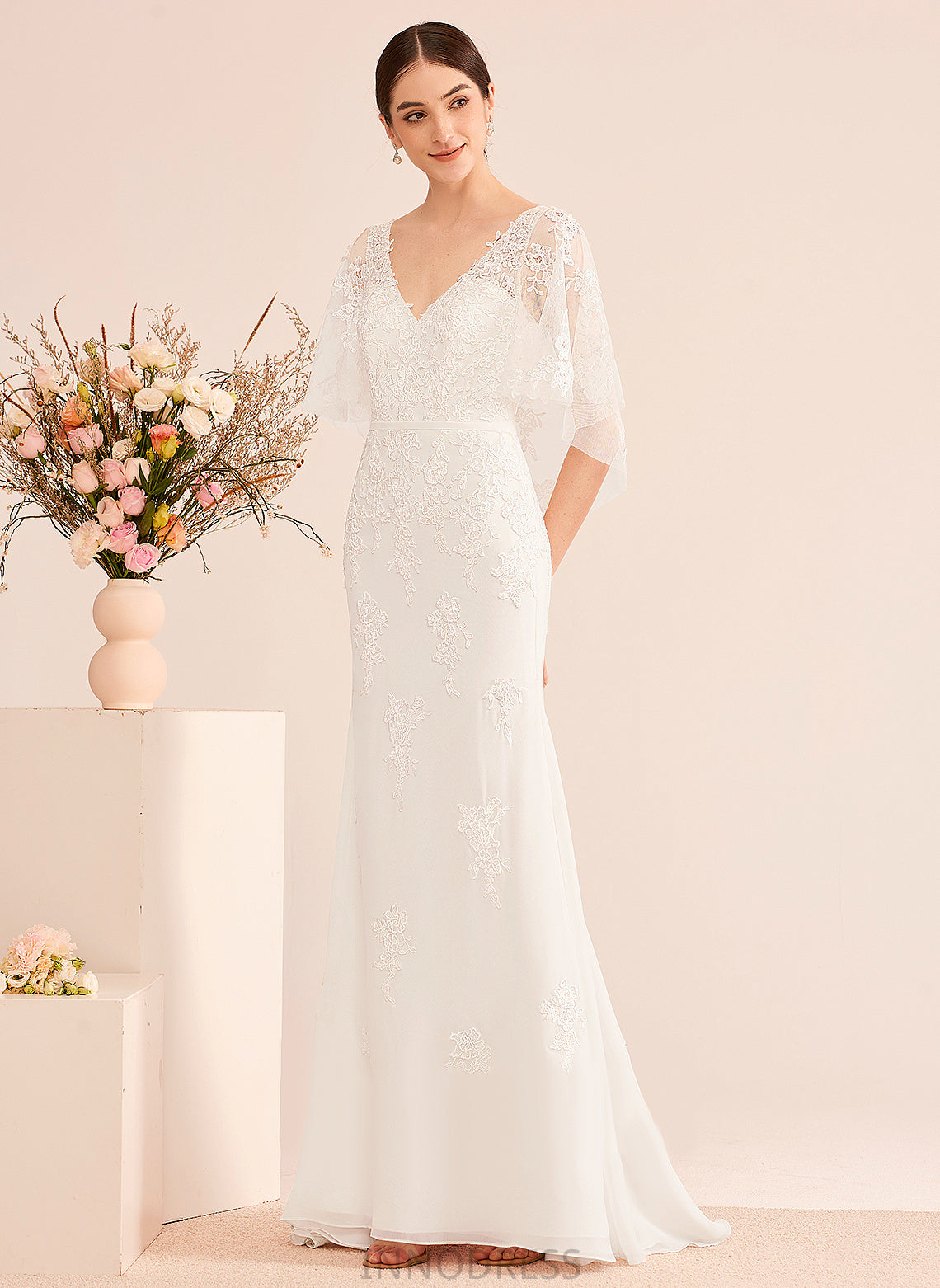 Azaria Wedding Lace V-neck Wedding Dresses Trumpet/Mermaid Dress With Sash Court Chiffon Train