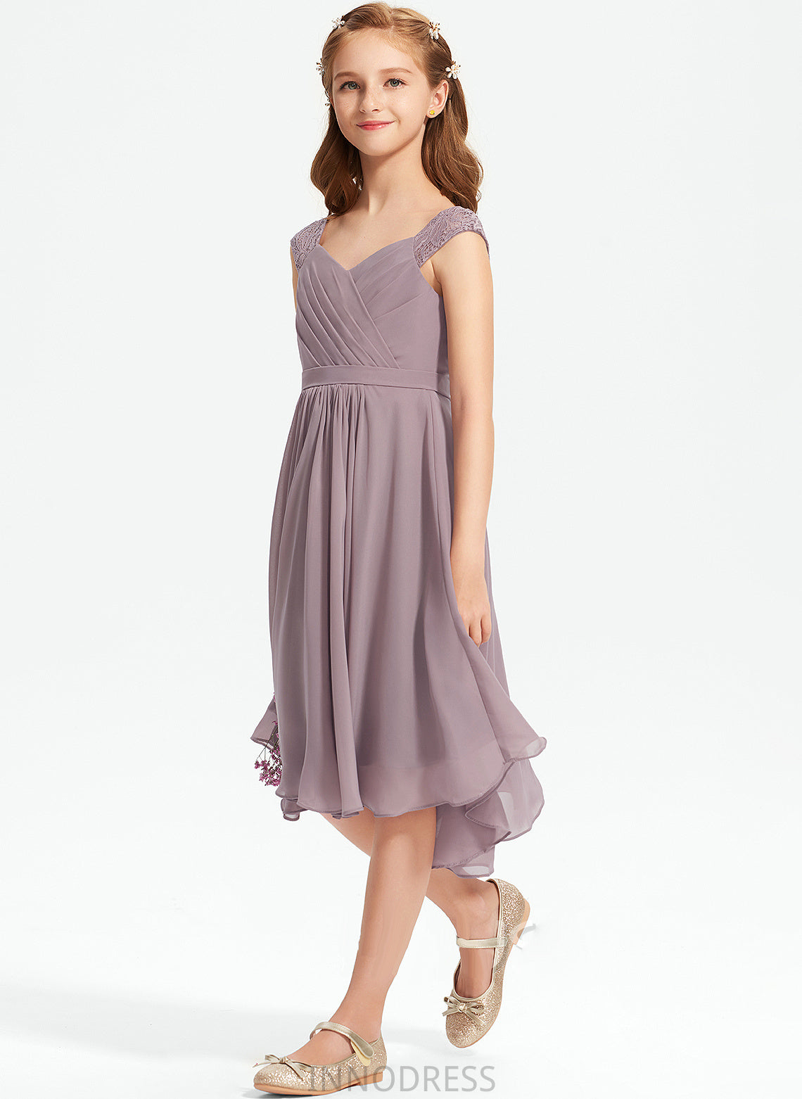 Lynn Lace Chiffon Knee-Length Junior Bridesmaid Dresses A-Line With Ruffle V-neck