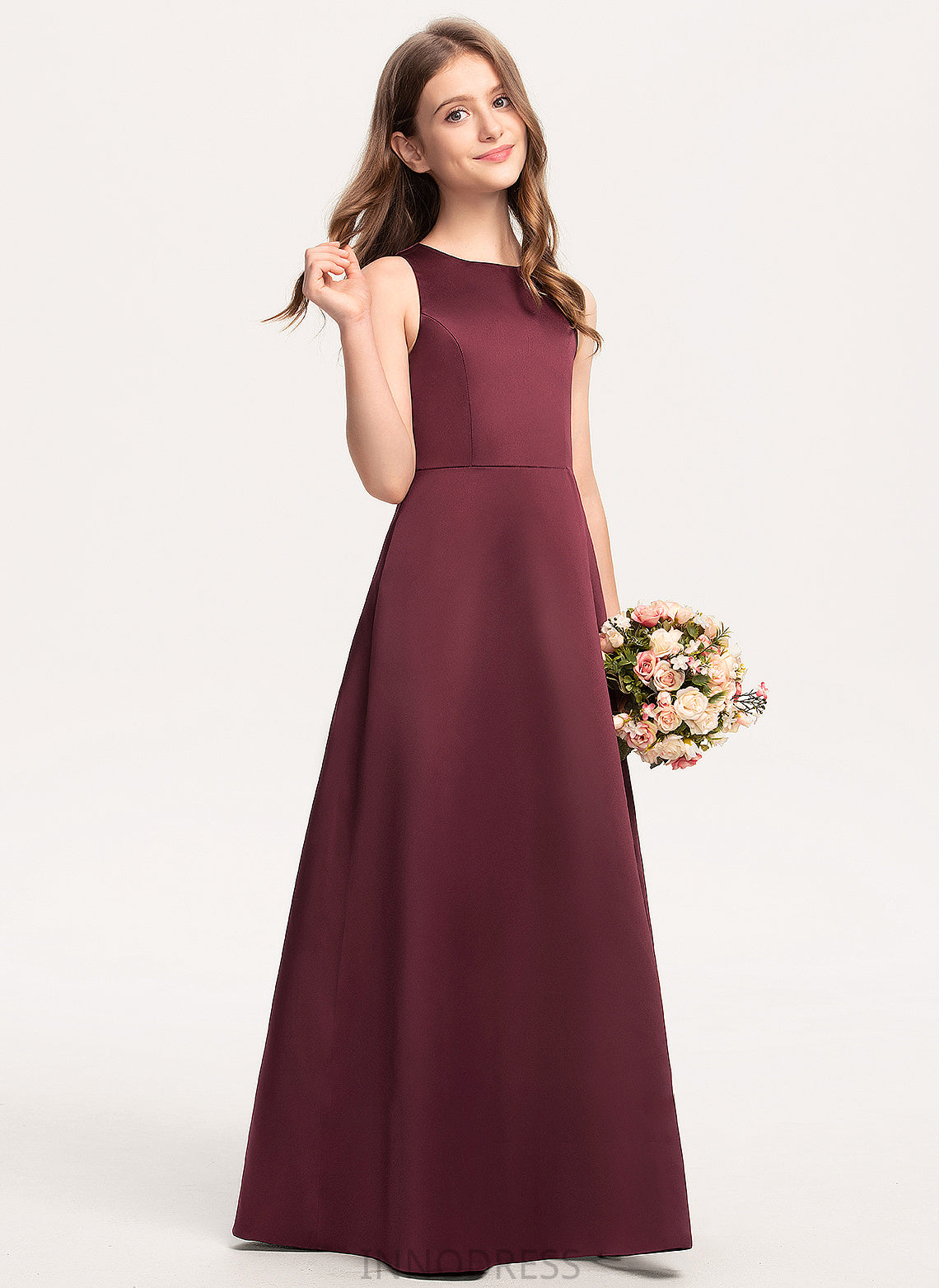 Scoop Floor-Length Neck Jaycee A-Line Satin Junior Bridesmaid Dresses