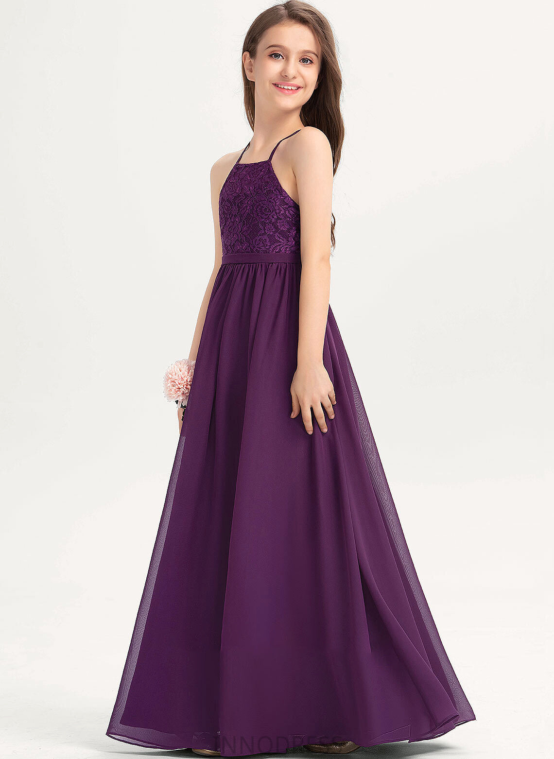 A-Line Chiffon Lace Raven With Floor-Length Square Junior Bridesmaid Dresses Neckline Bow(s)