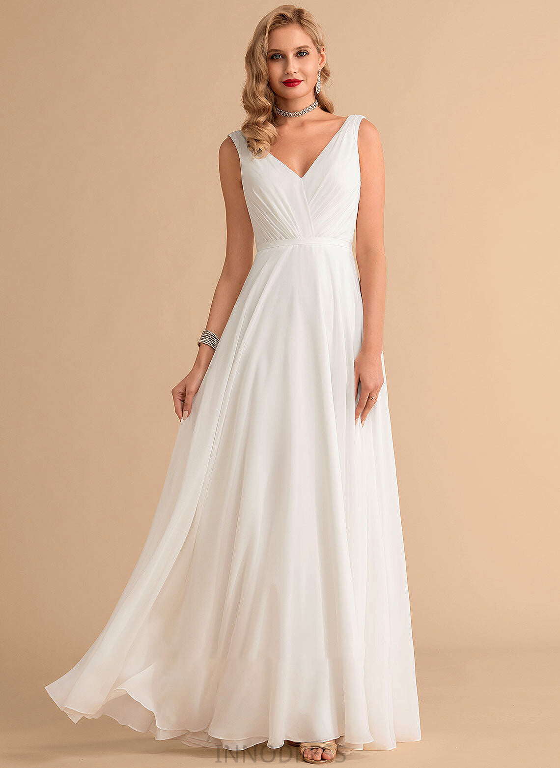 With A-Line Chiffon Ruffle Floor-Length Wedding V-neck Wedding Dresses Adalynn Dress