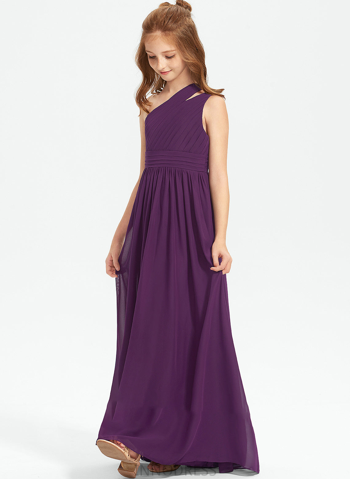 Floor-Length Ruffle With A-Line Viviana One-Shoulder Chiffon Junior Bridesmaid Dresses