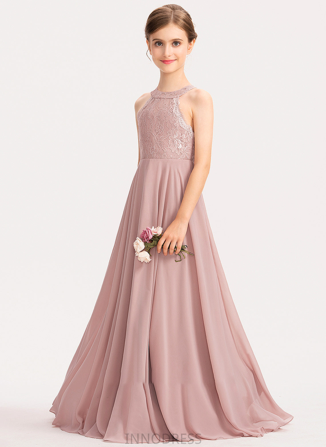 A-Line Chiffon Scoop Junior Bridesmaid Dresses Floor-Length Lace Sanai Neck