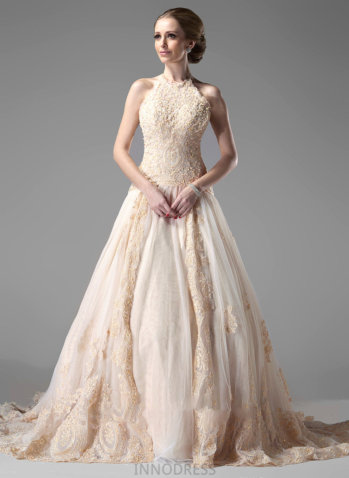 Wedding Dresses Dress Jillian With Halter Wedding Ball-Gown/Princess Train Tulle Beading Chapel Lace