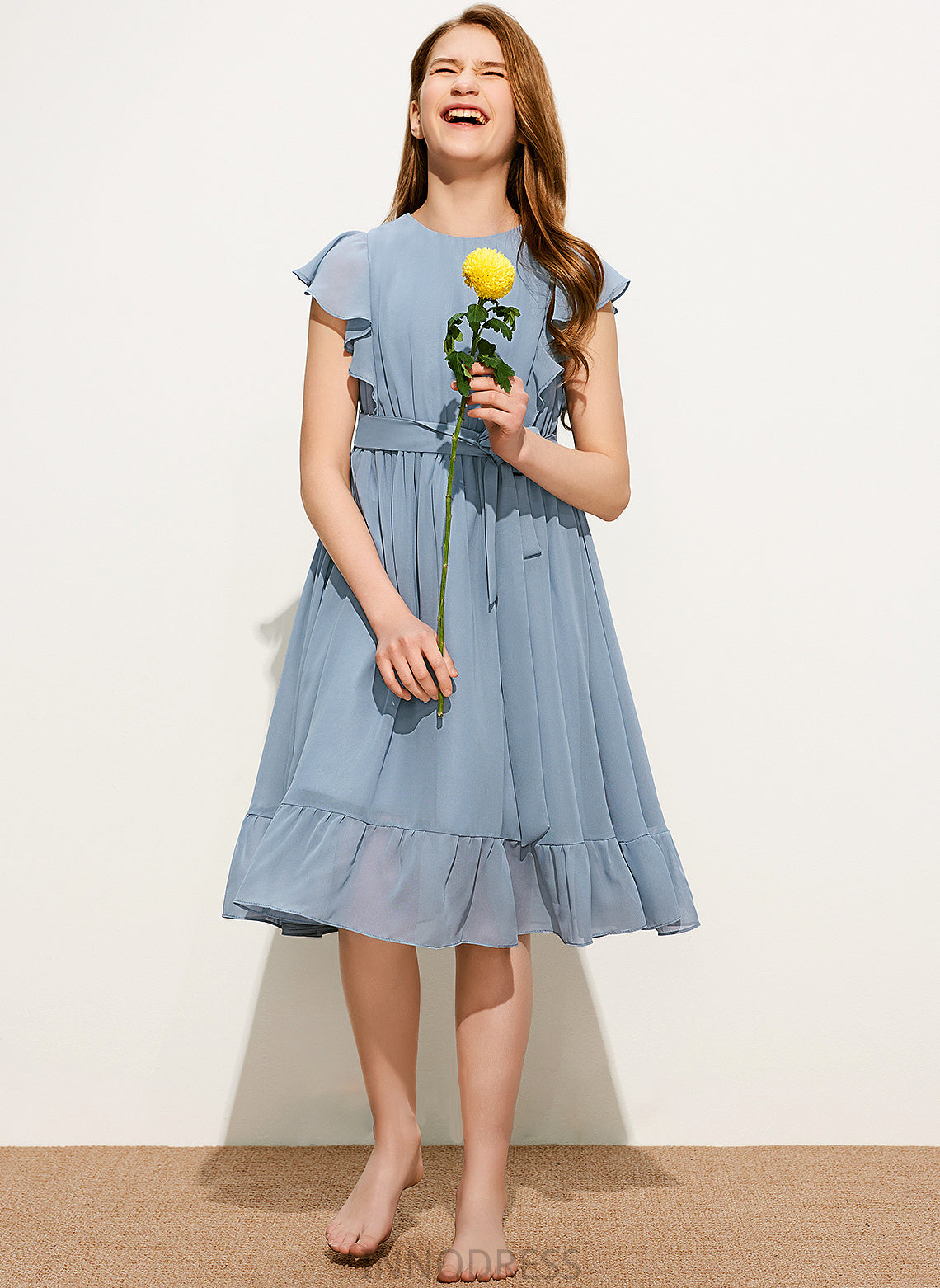 With Knee-Length Scoop Chiffon Cascading Bow(s) A-Line Yuliana Ruffles Neck Junior Bridesmaid Dresses