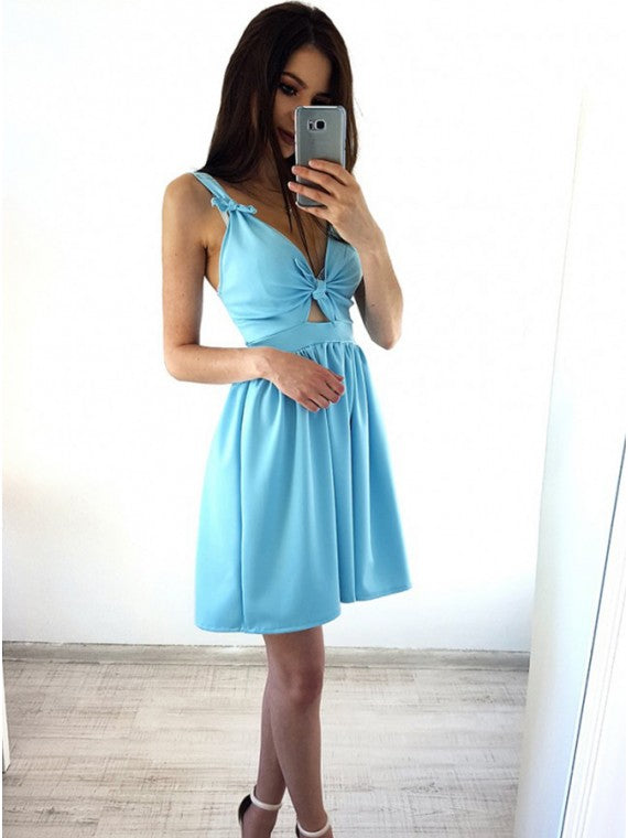 Sexy A-Line V-Neck Light Blue Short Party Dresses With Straps