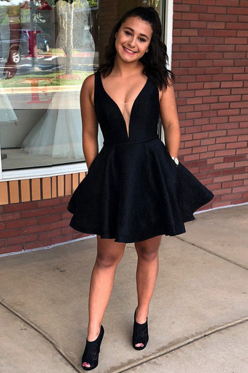 A-Line V-Neck Backless Black Satin Homecoming Dresses with Pockets