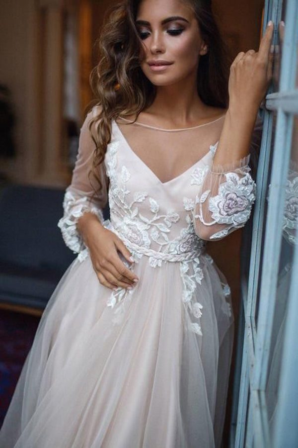 Charming Long Sleeves Backless Tulle Sweep Train Prom Dresses with Appliques