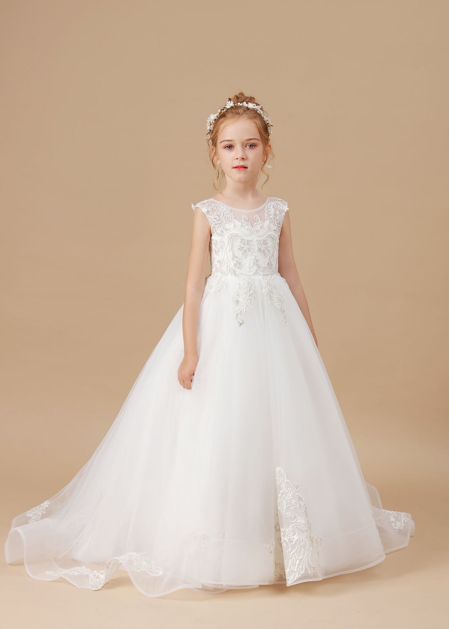 Ivory Sleeveless Applique Sweep trailing Multi-Layer Tulle Flower Girl Dresses