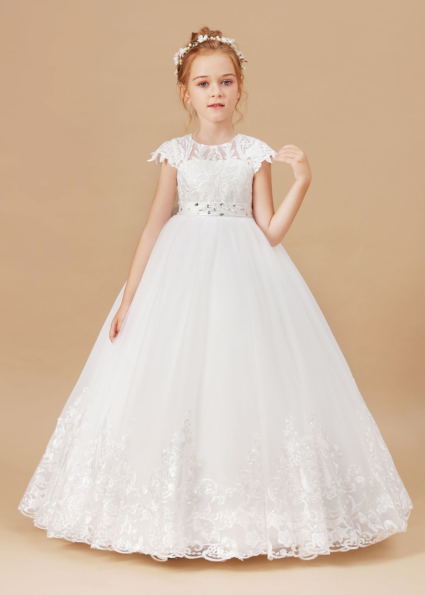 Princess Lace Tulle Satin Flower Girl Dresses With Bowknot