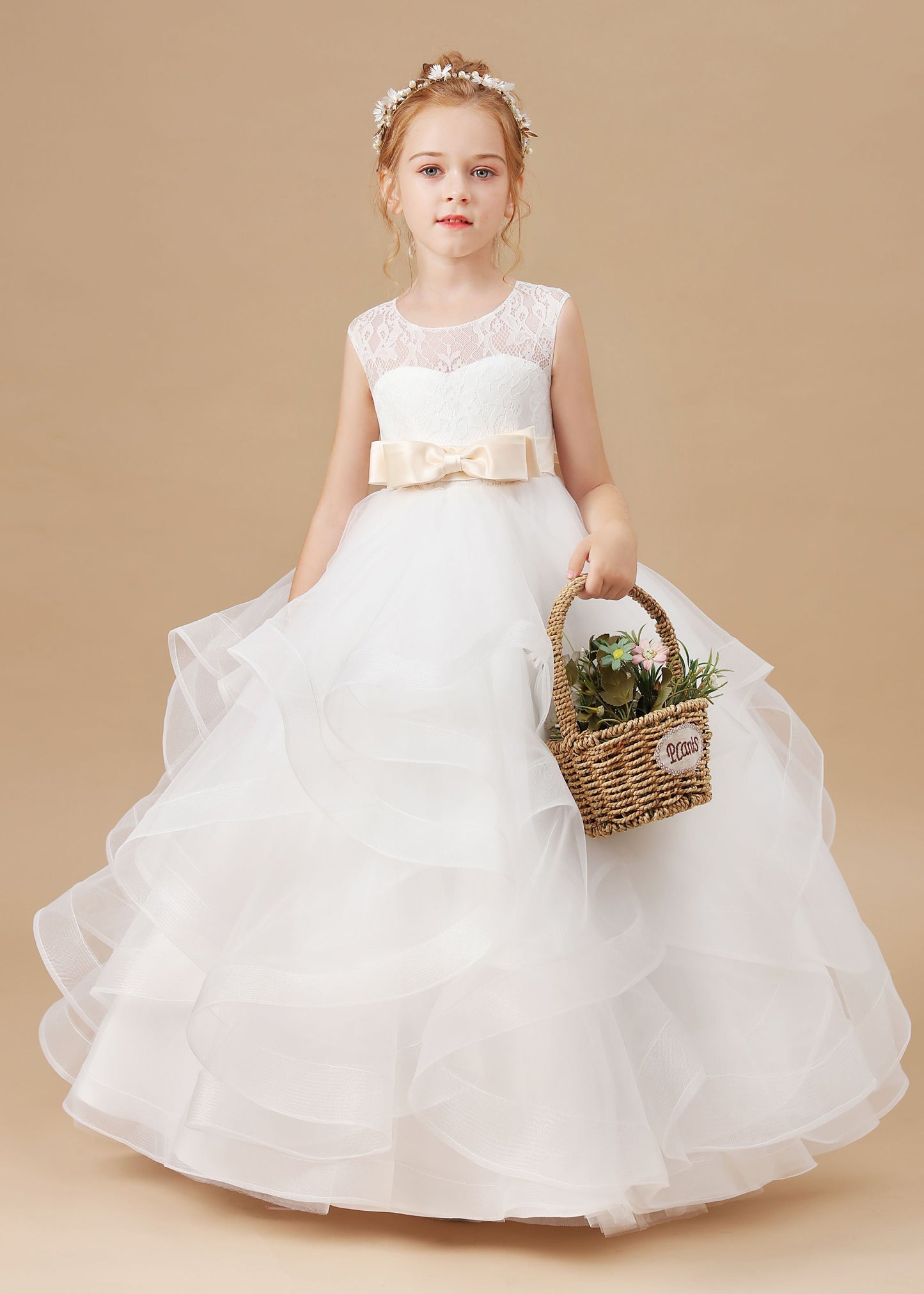 Ivory Multi-layered Tulle Ruffled Satin Flower Girl Dresses With Champagne Bow Front and Back