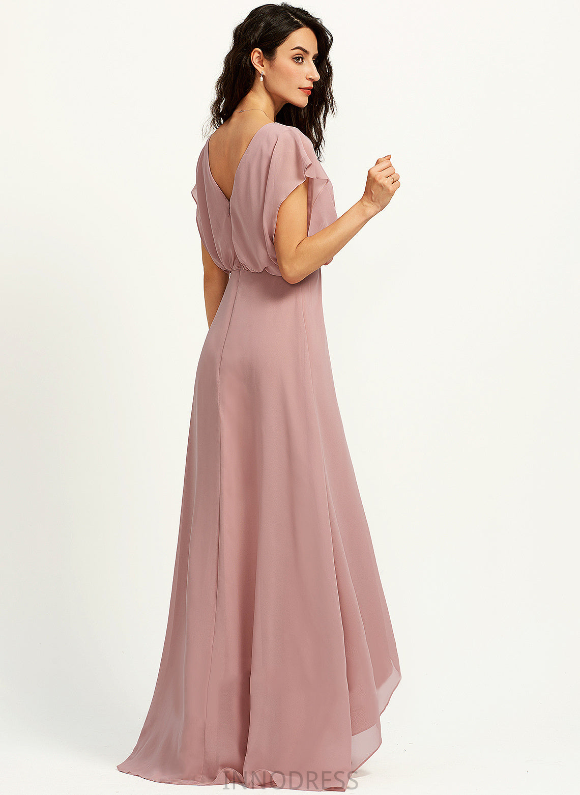 Embellishment Length A-Line Silhouette Neckline Asymmetrical Fabric SplitFront V-neck Lizbeth Sleeveless Taffeta Bridesmaid Dresses