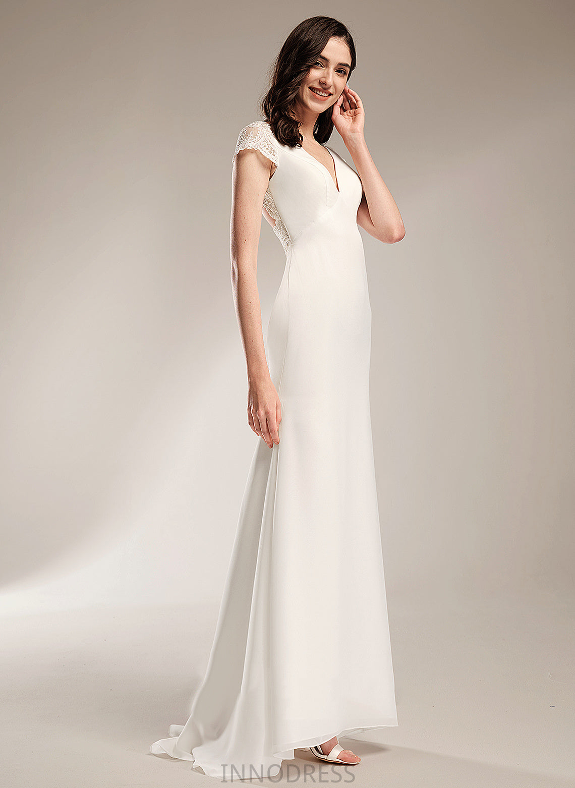 Dress Sheath/Column Sweep V-neck Chiffon Lace Wedding Abbey With Wedding Dresses Train