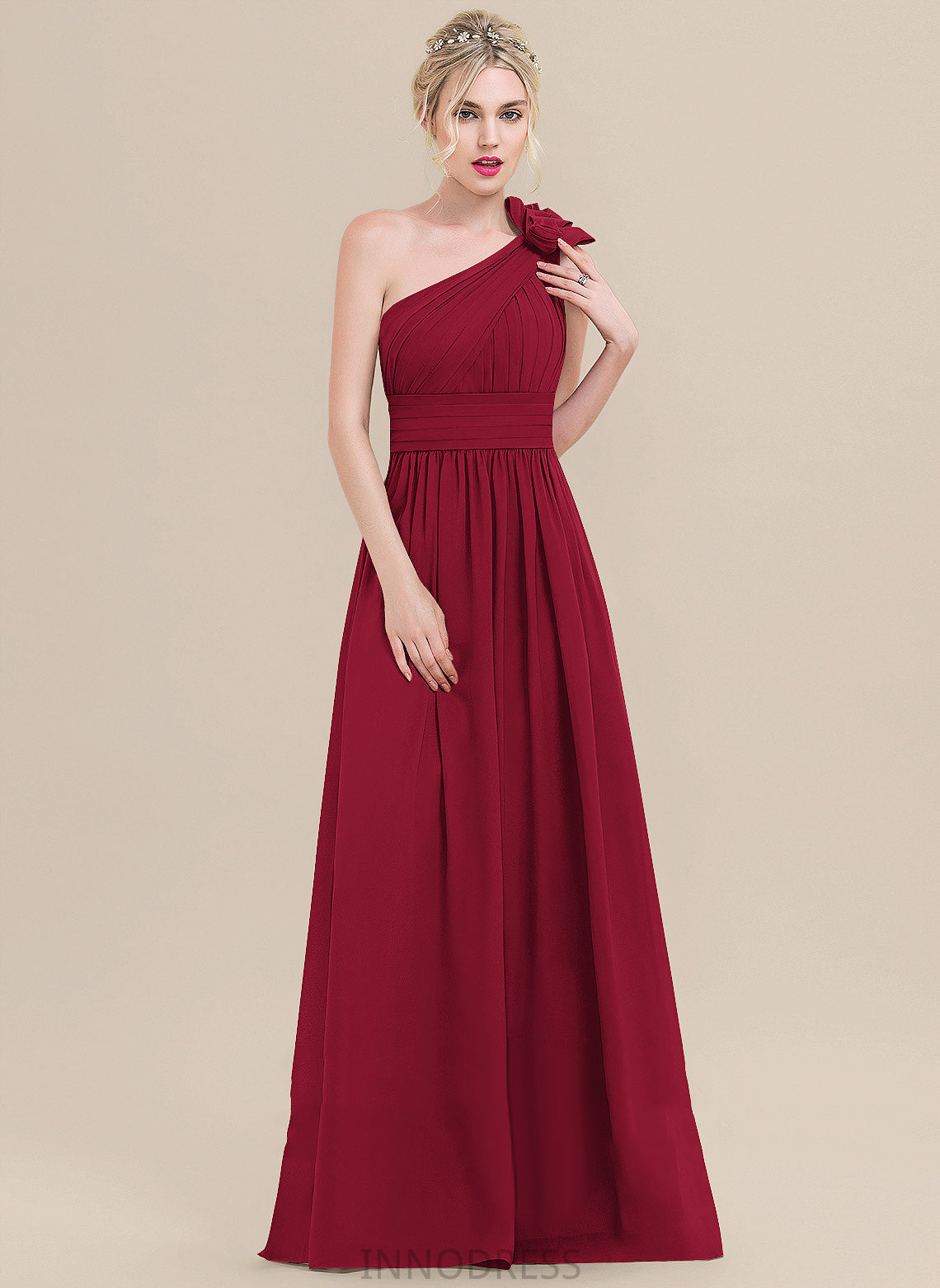 Fabric Silhouette Neckline A-Line Length Flower(s) Pleated Embellishment One-Shoulder Floor-Length Liliana V-Neck Bridesmaid Dresses