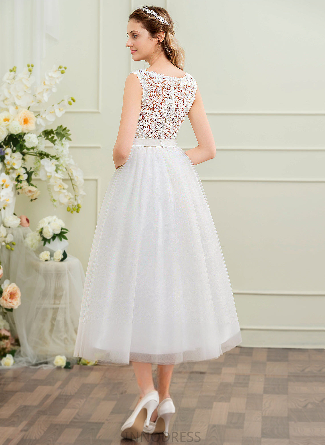 Shyla Tulle Satin Ball-Gown/Princess Dress Tea-Length Wedding Dresses Lace Beading Sequins With Wedding