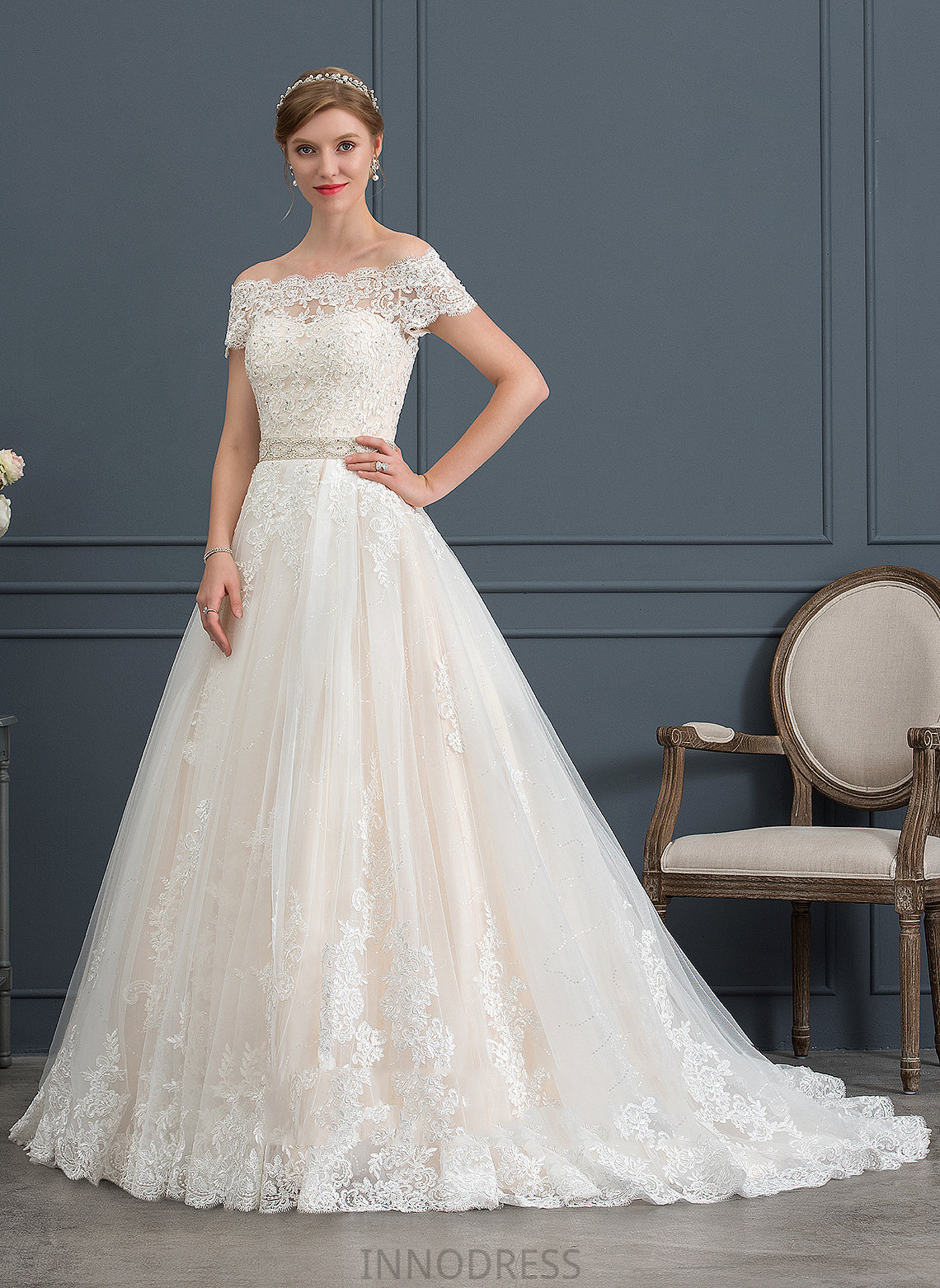 Sequins Court Lace Train Off-the-Shoulder Wedding Destinee Ball-Gown/Princess With Wedding Dresses Beading Tulle Dress