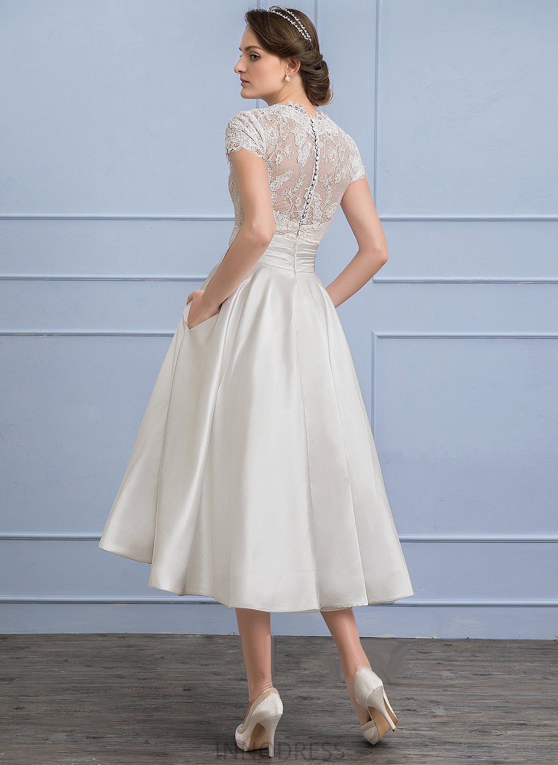 Tea-Length Lace Satin A-Line Ruffle Wedding V-neck Dress Scarlett Pockets Wedding Dresses With