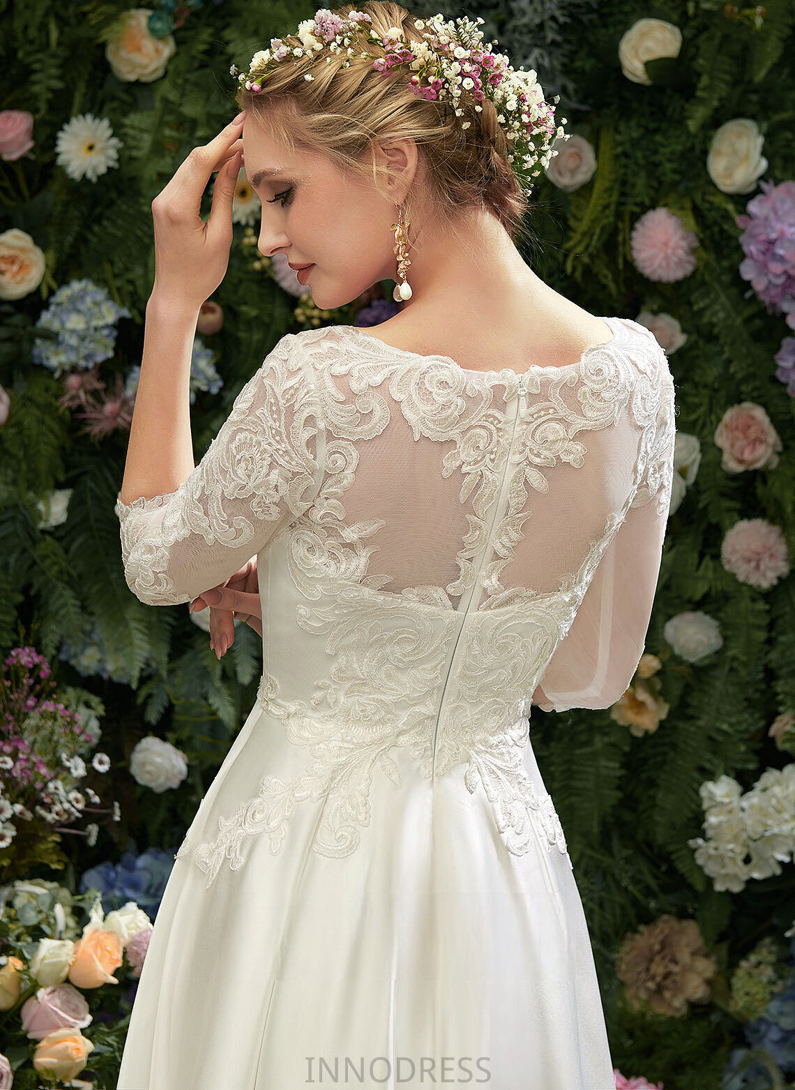 Wedding Dresses Illusion Alma Wedding Satin Lace Dress With Tea-Length A-Line