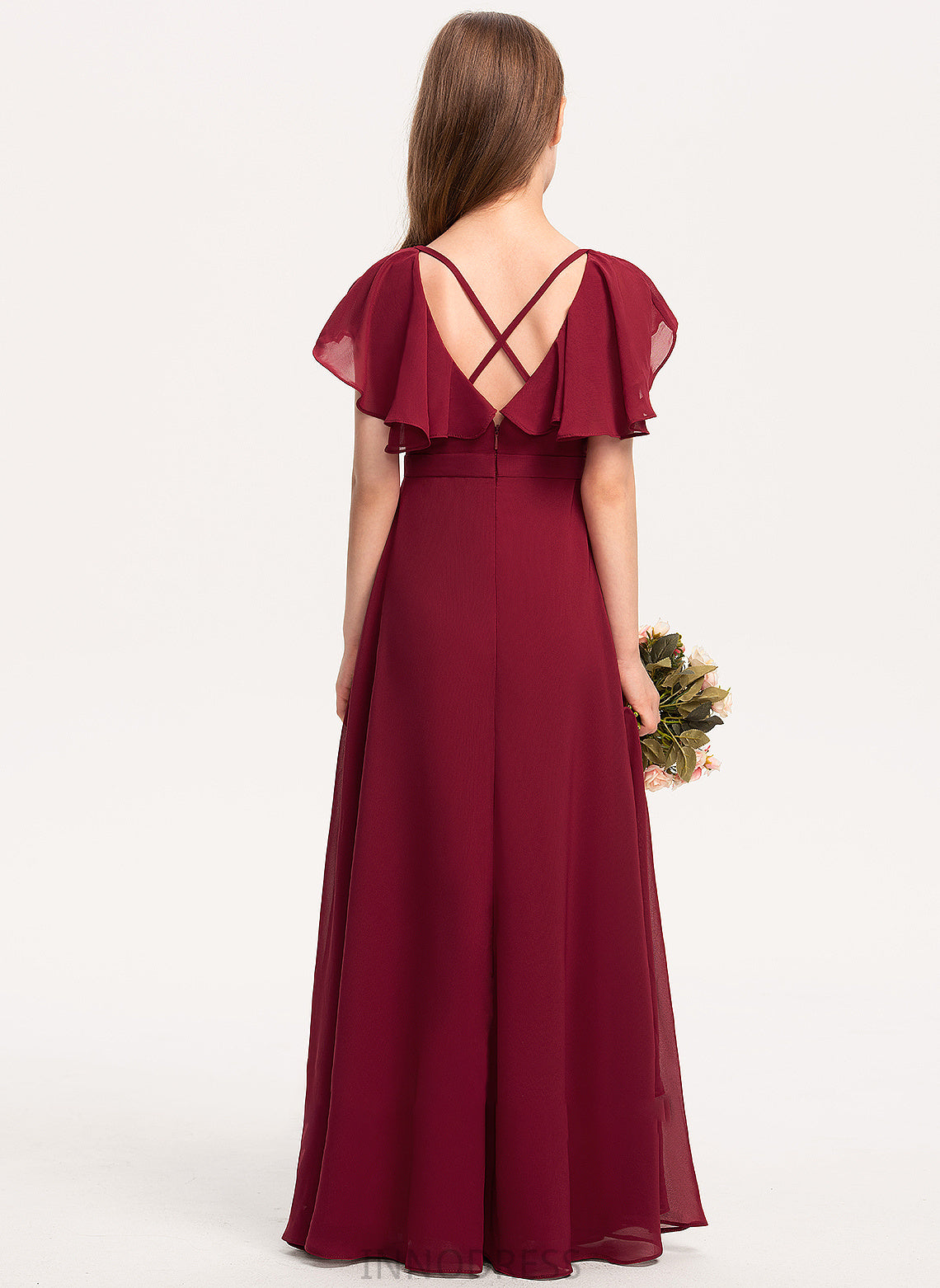 With Ruffles Cascading Chiffon Junior Bridesmaid Dresses V-neck Sarai A-Line Floor-Length