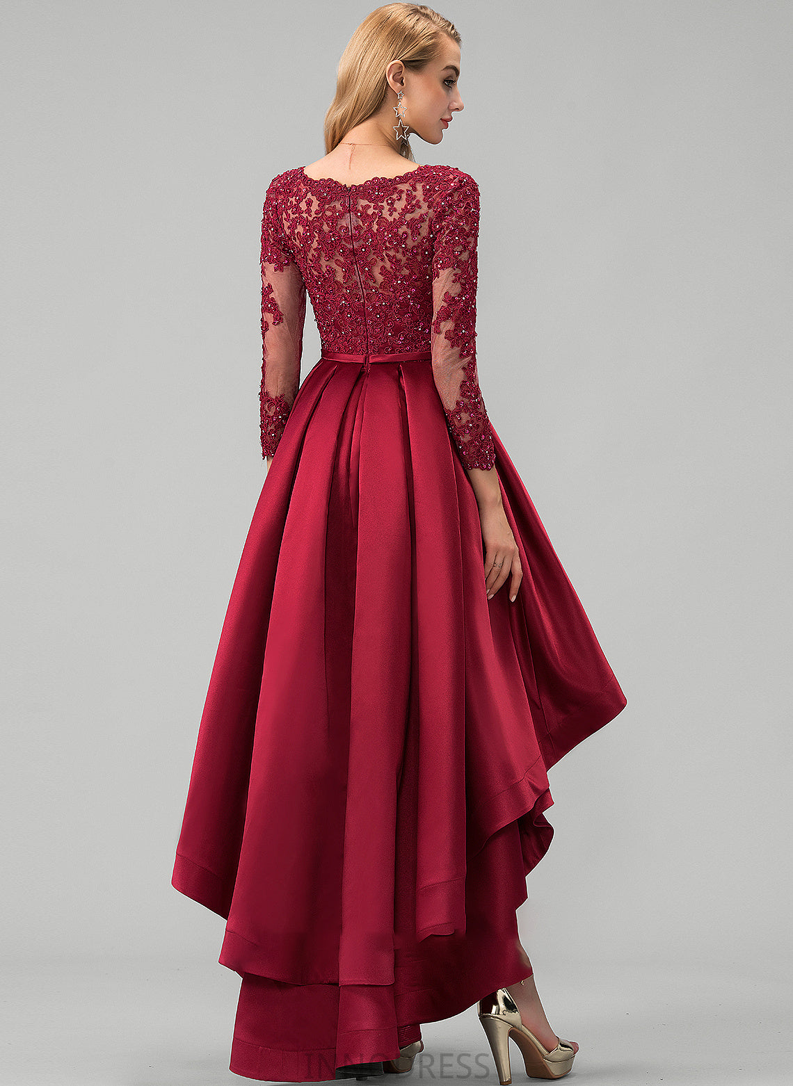 Jamya Ball-Gown/Princess Sequins Asymmetrical Beading Lace With Satin V-neck Prom Dresses