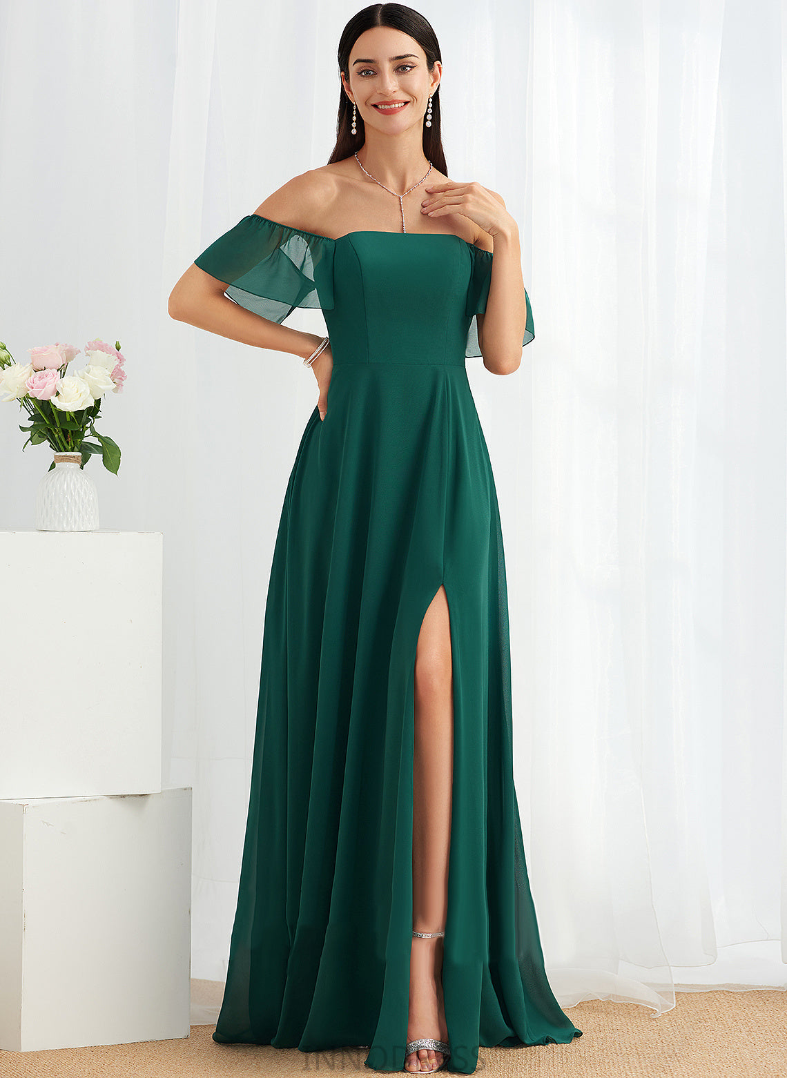 Fabric Neckline Silhouette Length Off-the-Shoulder SplitFront Embellishment Floor-Length A-Line Novia Sleeveless Scoop Bridesmaid Dresses