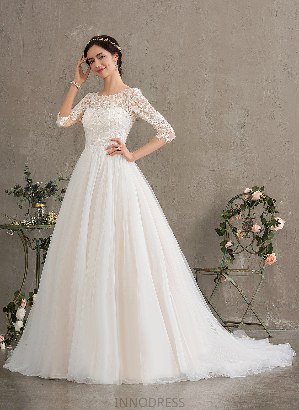 With Wedding Court Lace Elsa Train Sequins Wedding Dresses Tulle Ball-Gown/Princess Scoop Neck Dress