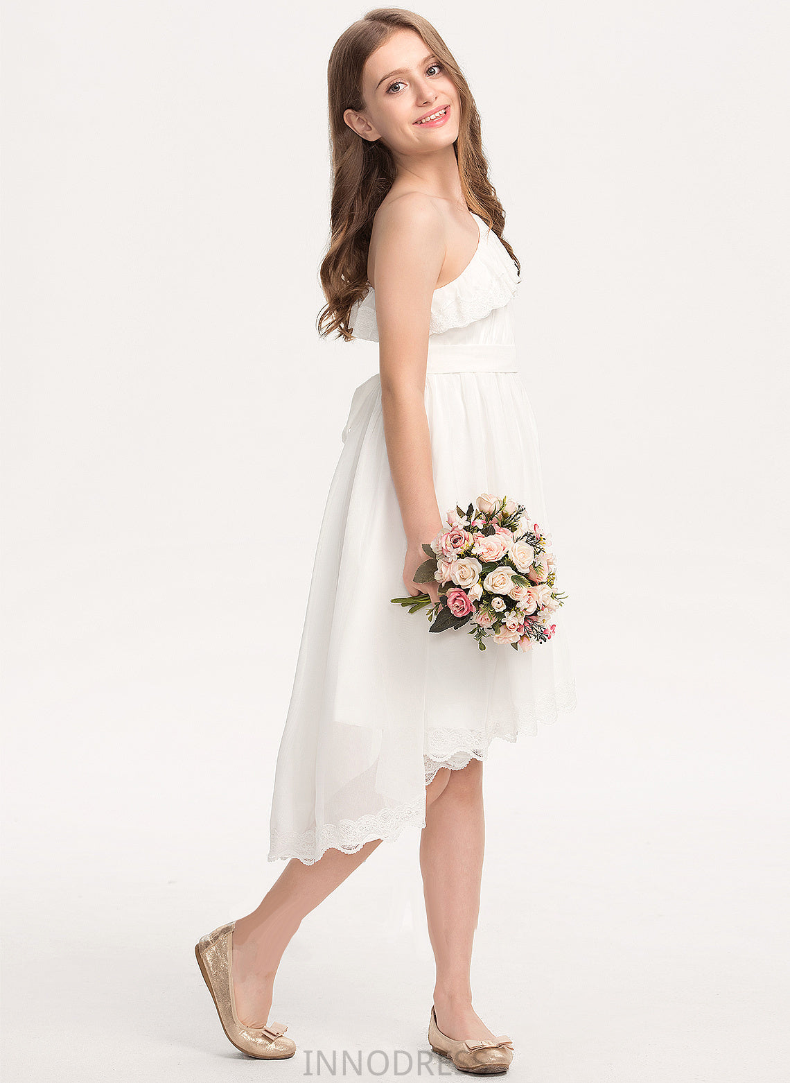 With Chiffon Asymmetrical Lace Bow(s) Junior Bridesmaid Dresses Aubrie A-Line One-Shoulder