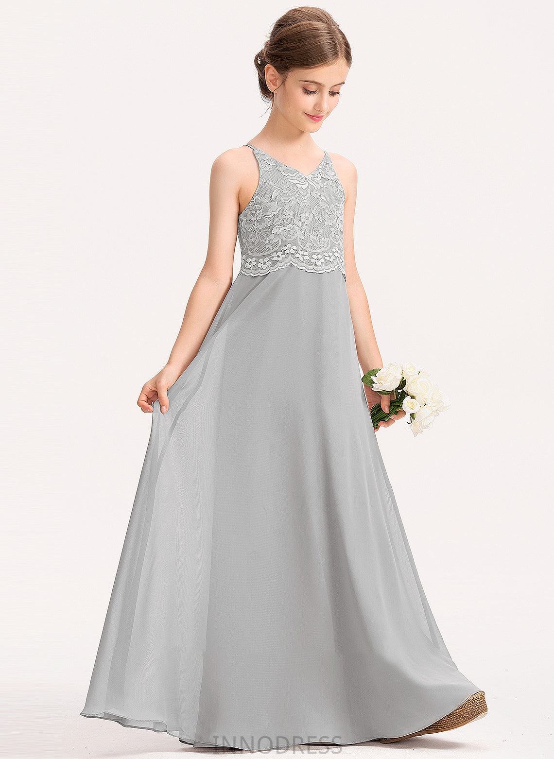 Floor-Length A-Line V-neck Junior Bridesmaid Dresses Lace Chiffon Rebecca