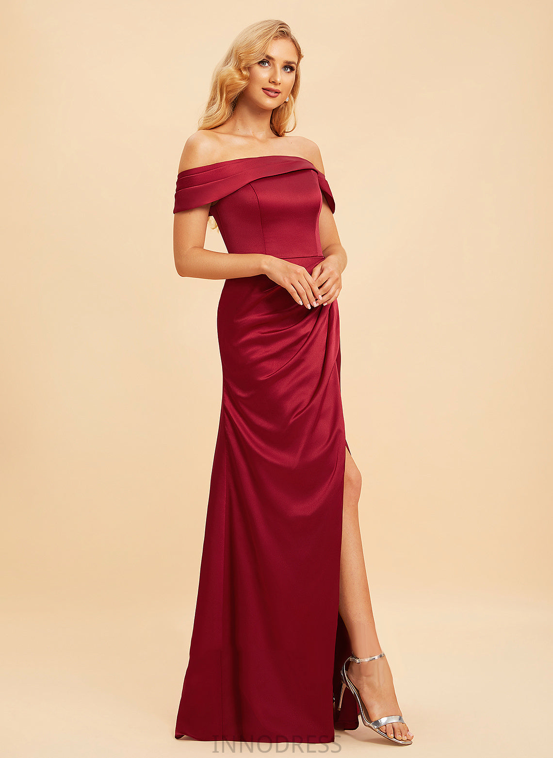 Floor-Length Embellishment Neckline Off-the-Shoulder Fabric SplitFront A-Line Length Silhouette Tessa Sleeveless Knee Length Bridesmaid Dresses