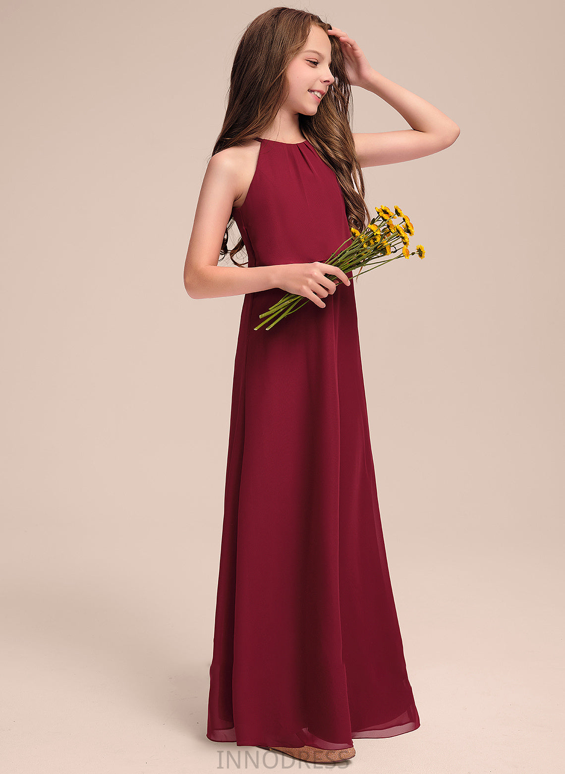 A-Line Ashanti Junior Bridesmaid Dresses With Neck Ruffles Scoop Chiffon Floor-Length