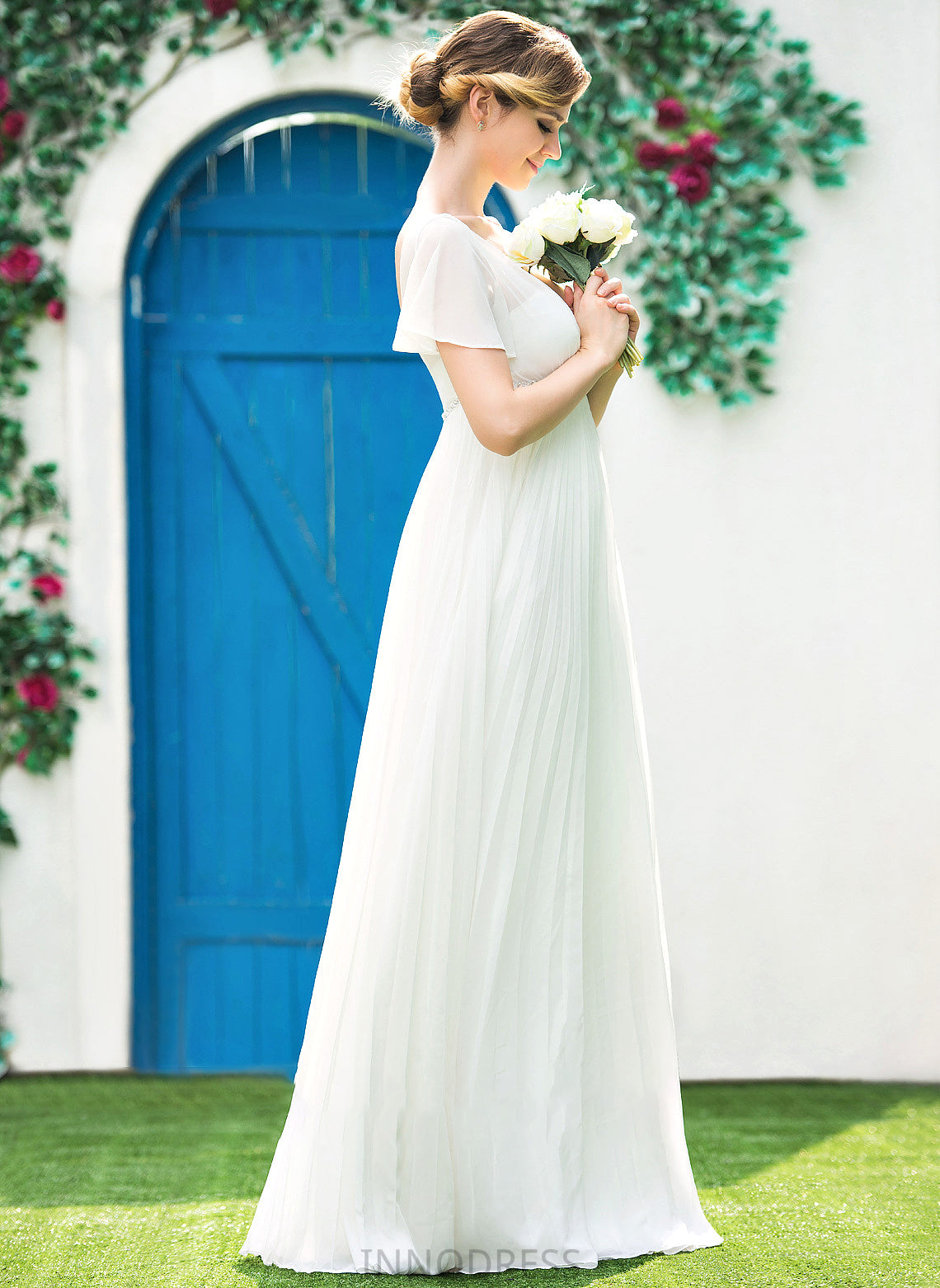 Pleated Wedding Empire Margaret Beading Dress Floor-Length V-neck Chiffon Wedding Dresses With