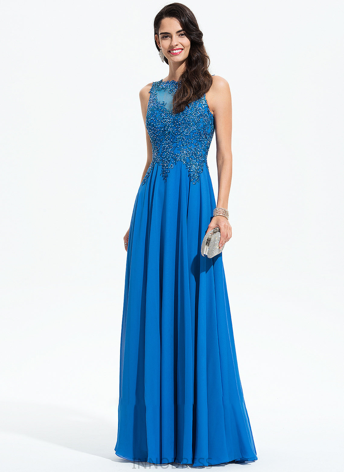 Sequins Prom Dresses Barbara Scoop Chiffon Floor-Length Beading Neck Lace A-Line With