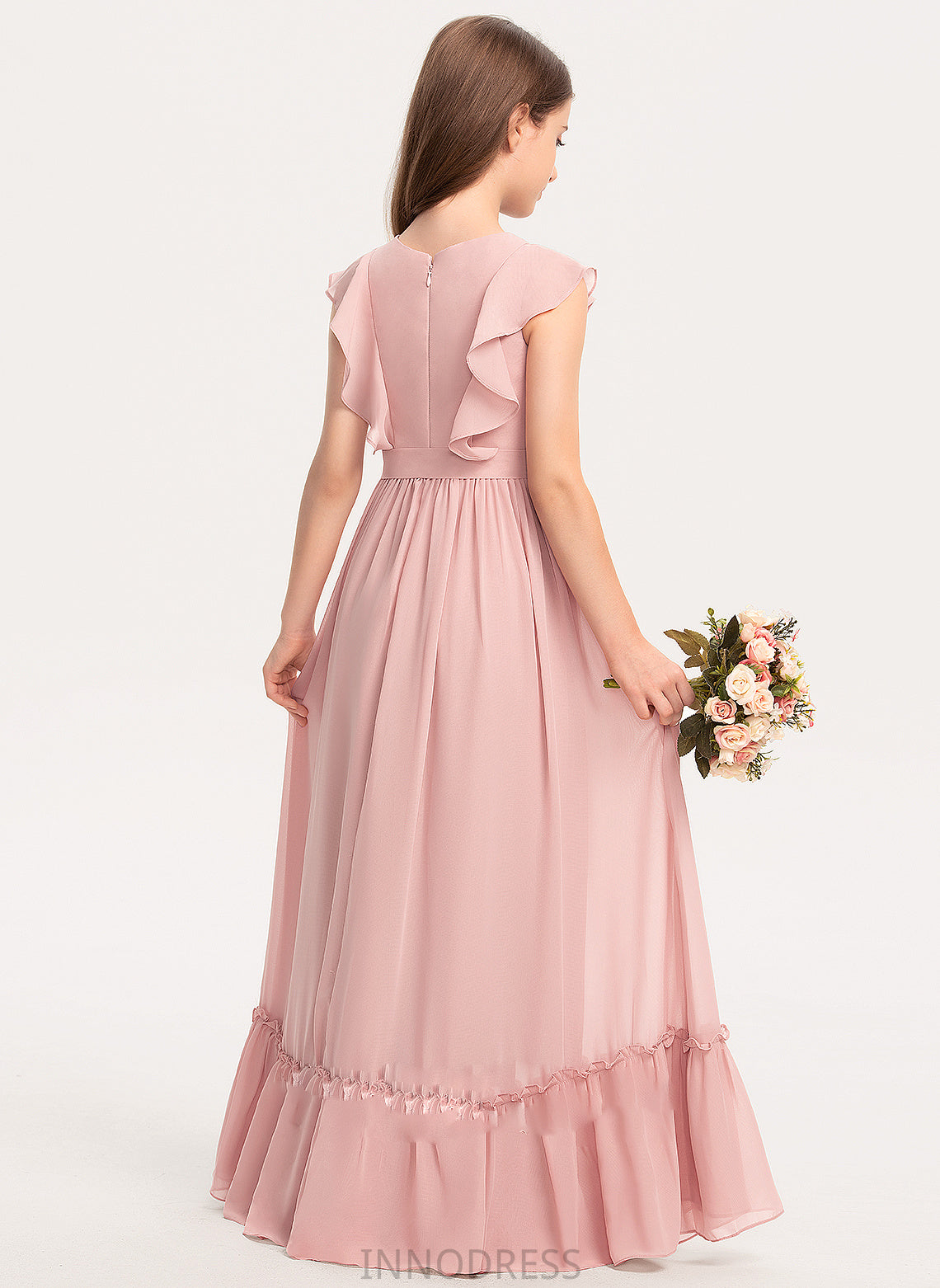 Junior Bridesmaid Dresses With Bow(s) Neck Floor-Length Taliyah Chiffon A-Line Ruffles Scoop Cascading