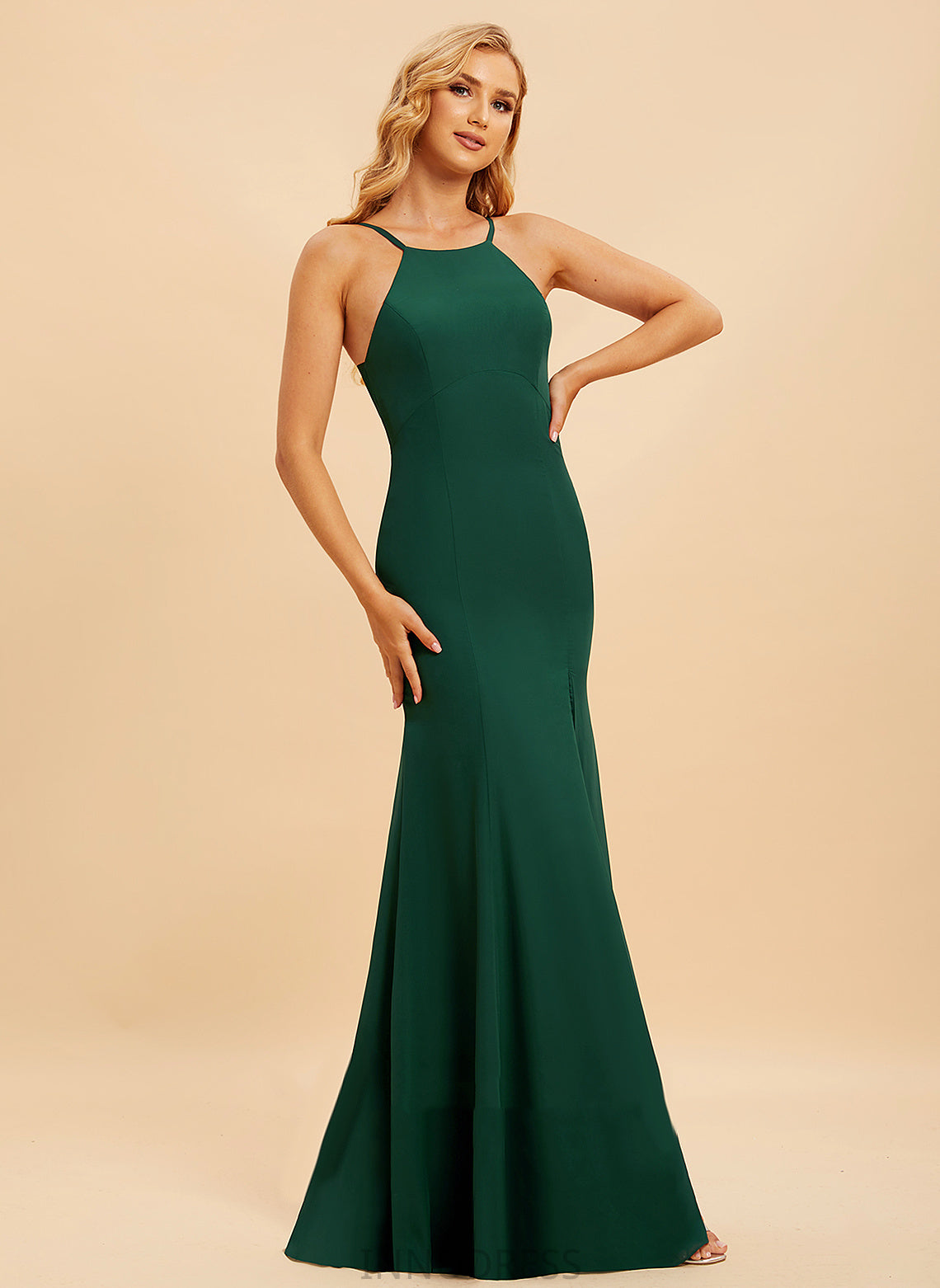 HighNeck Neckline Length Trumpet/Mermaid SplitFront Silhouette Fabric Floor-Length Embellishment Sophia Sleeveless Floor Length Bridesmaid Dresses