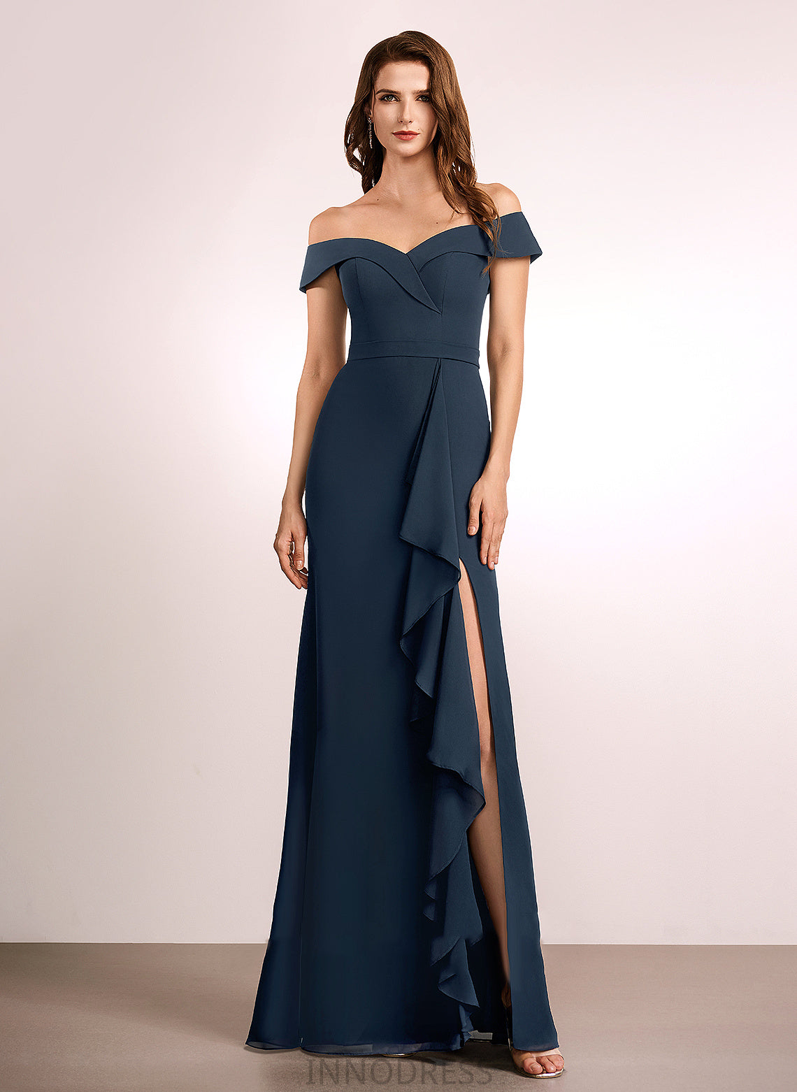 Floor-Length A-Line Silhouette Neckline Fabric Embellishment Length Ruffle Off-the-Shoulder Abril Sleeveless Floor Length Bridesmaid Dresses