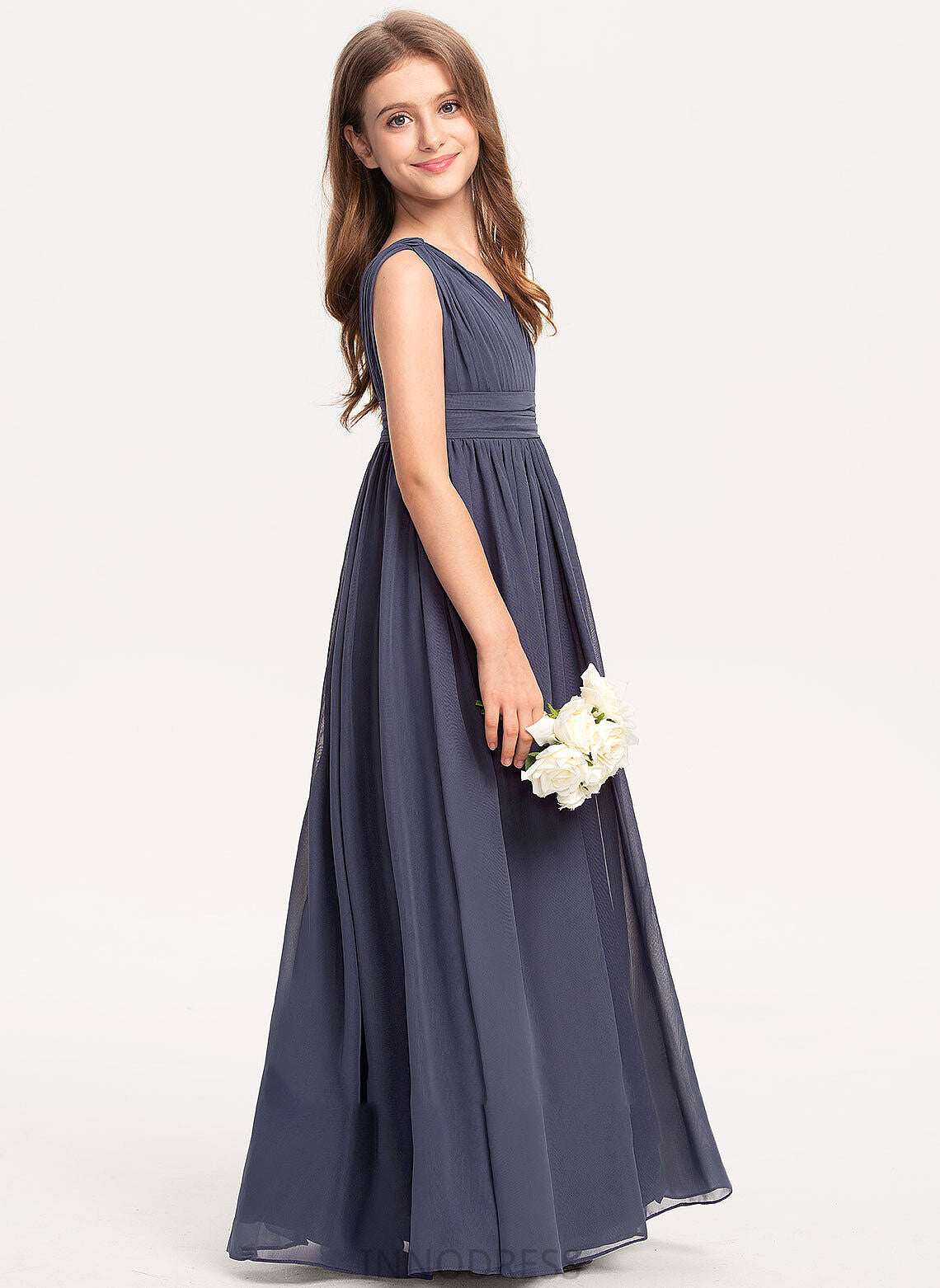 V-neck Ruffle With Junior Bridesmaid Dresses A-Line Chiffon Aliya Floor-Length