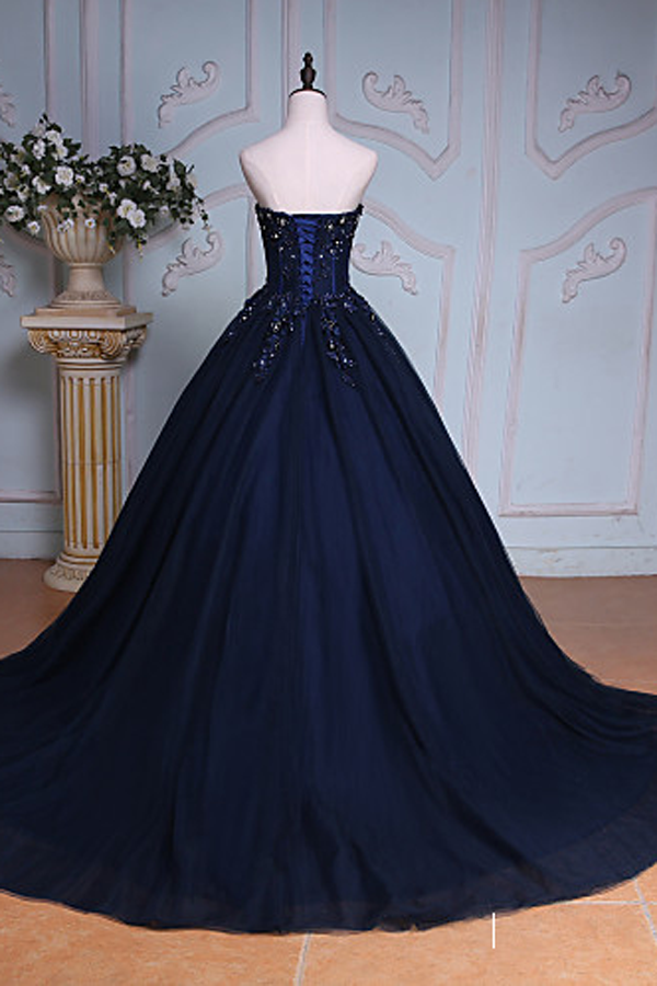 Navy Blue Ball Gown Court Train Sweetheart Strapless Lace Up Beading Prom Dresses