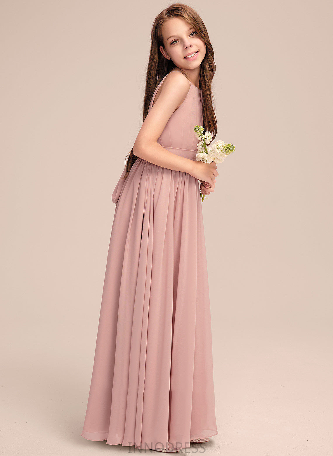 Ruffle Neck With Floor-Length Scoop A-Line Chiffon Gisselle Junior Bridesmaid Dresses Bow(s)