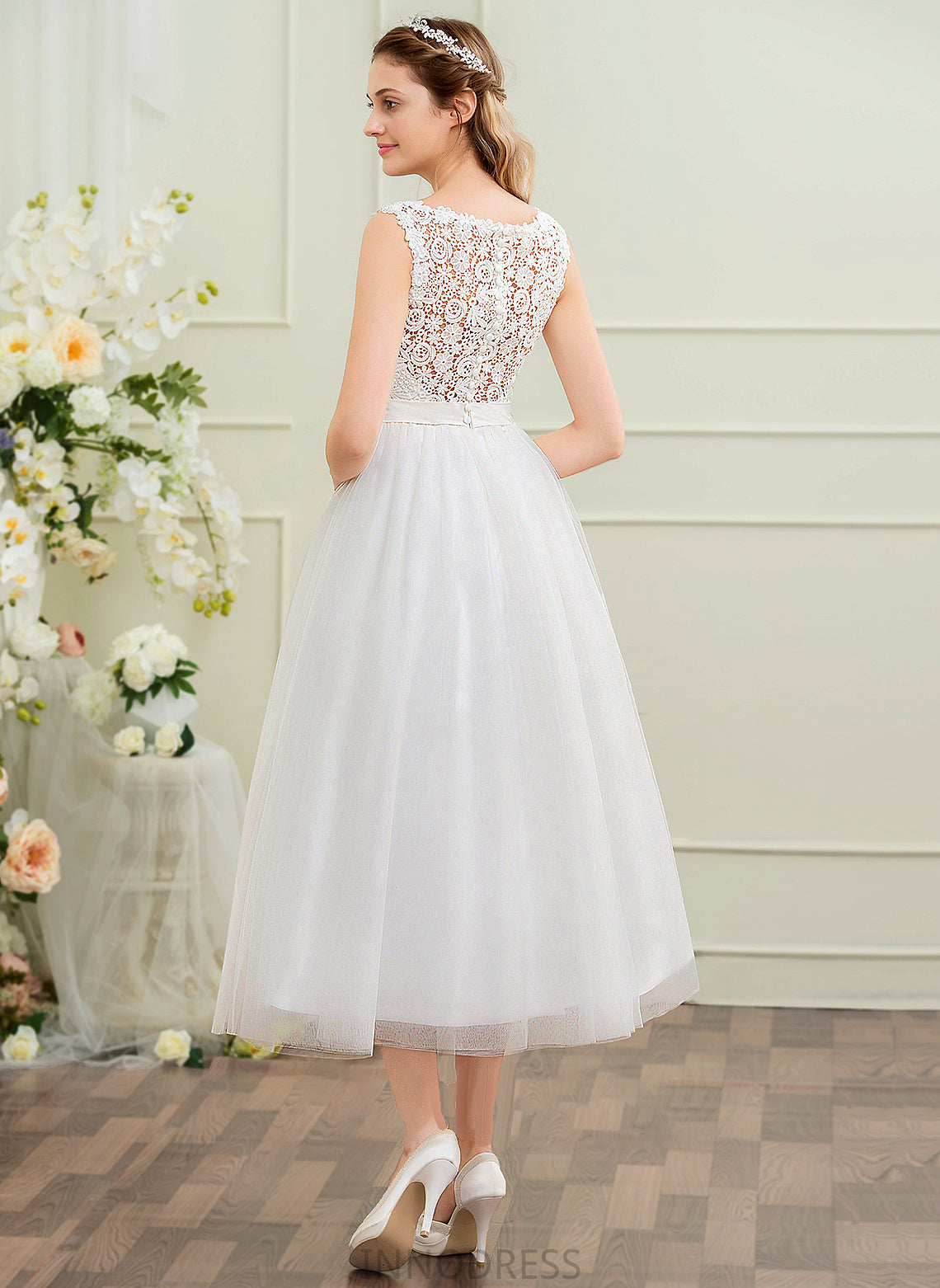 Alula Wedding Dresses Beading Tea-Length Tulle Neck Scoop Dress Ball-Gown/Princess Wedding Sequins With