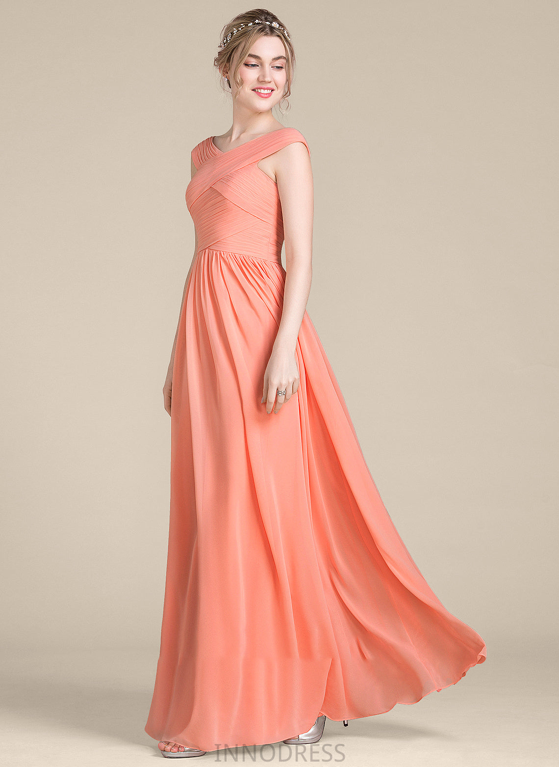 V-neck Chiffon Prom Dresses With Ruffle Ball-Gown/Princess Ryan Floor-Length