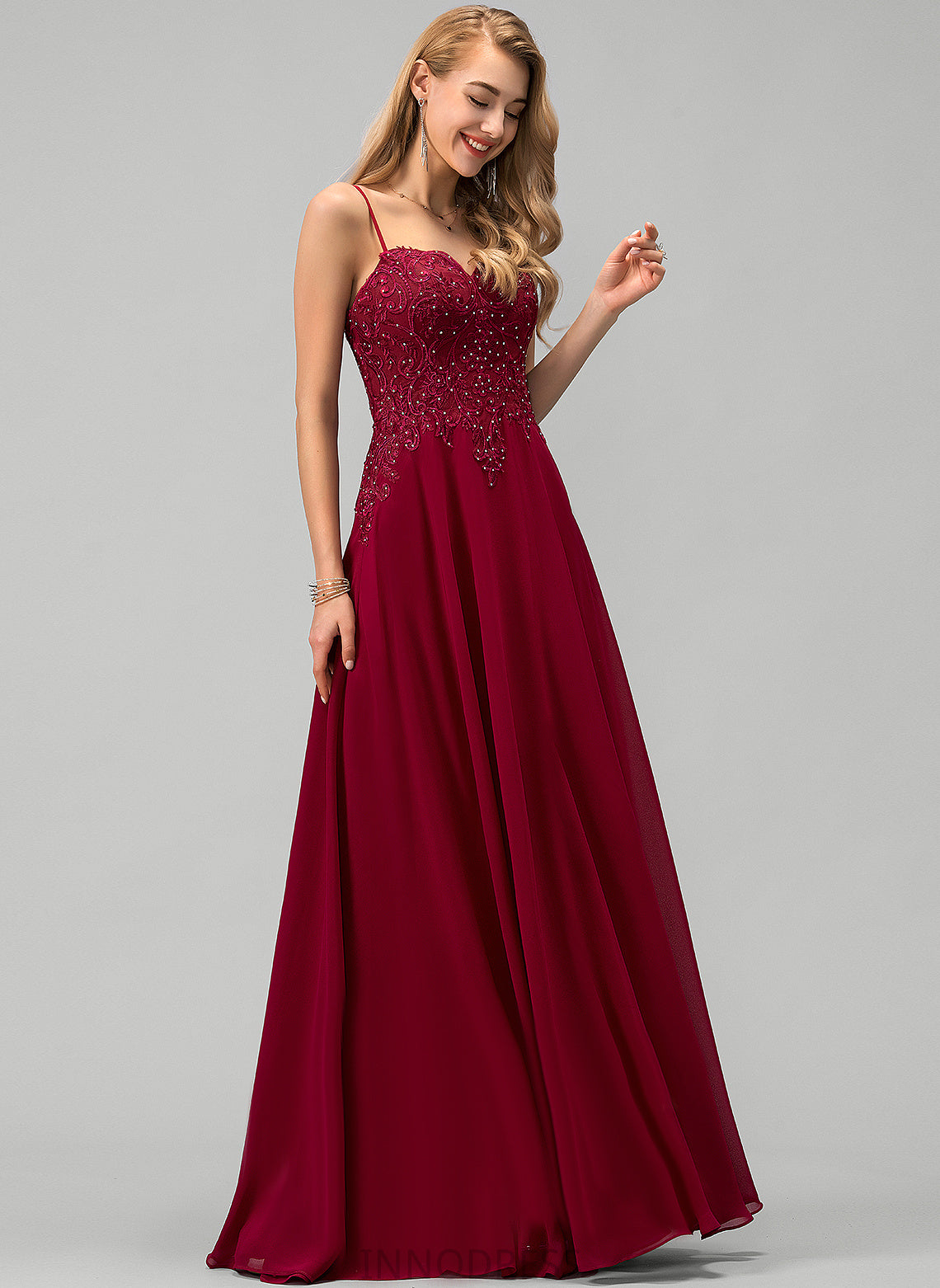 Floor-Length Sweetheart Chiffon A-Line Prom Dresses Rhinestone Jean With Lace