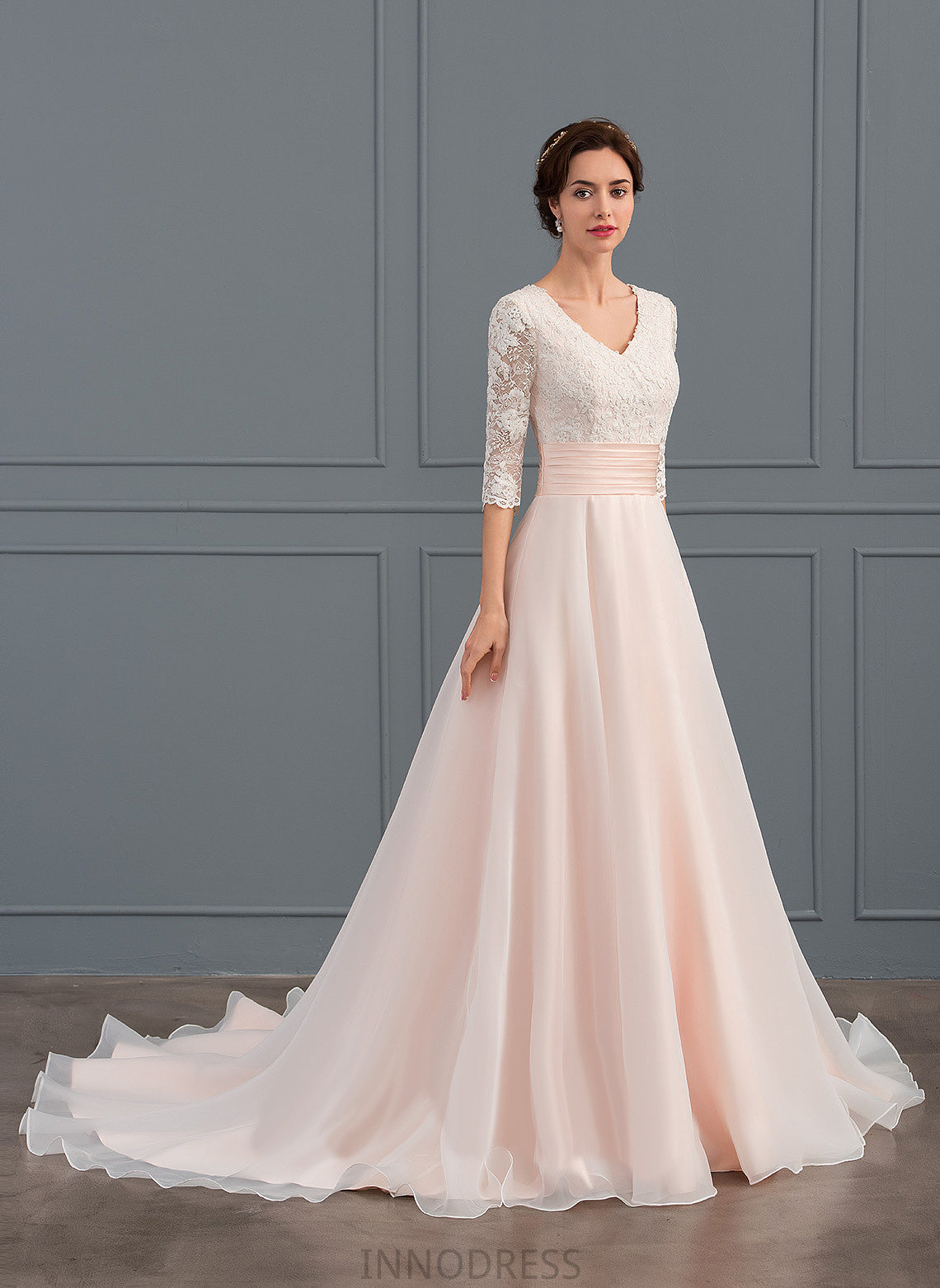 Court Tania Wedding With V-neck Wedding Dresses Ruffle Ball-Gown/Princess Lace Organza Dress Train