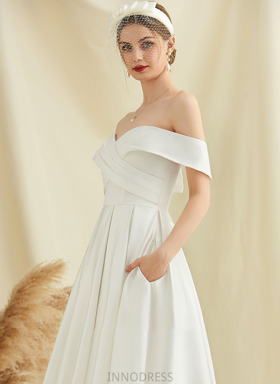 Tea-Length Pockets Wedding Dresses Miya A-Line Wedding With Dress Satin