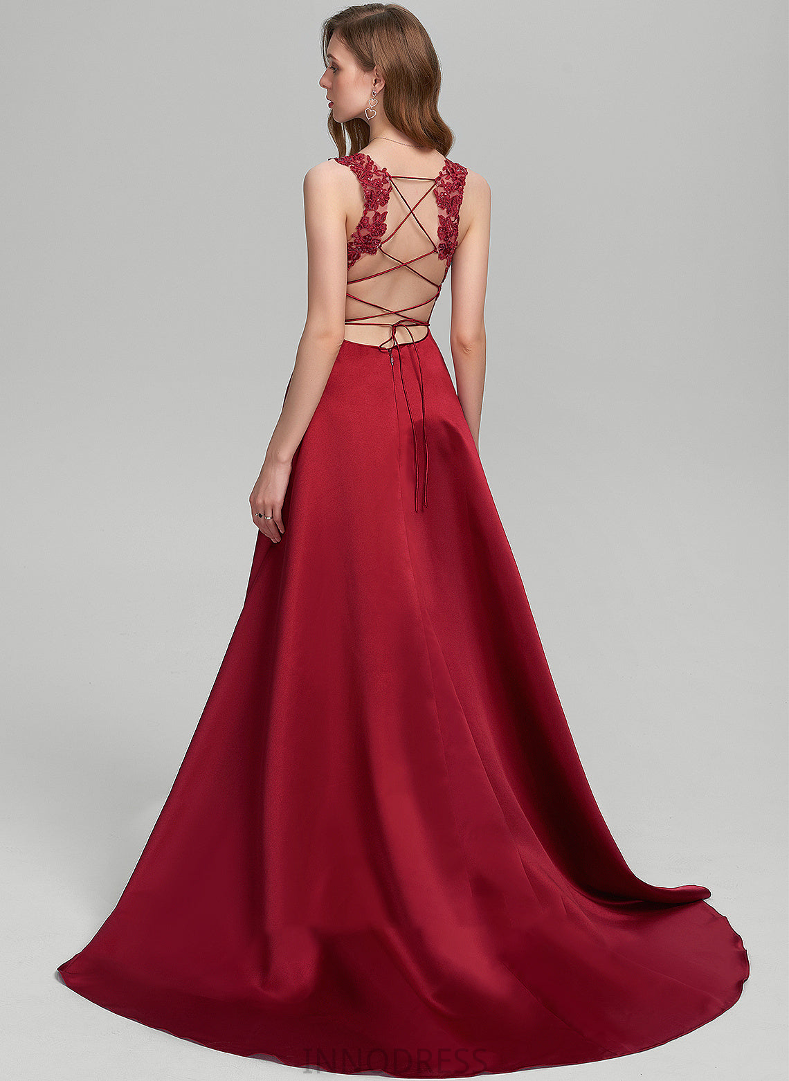 Ball-Gown/Princess Maeve Prom Dresses Train Satin Split Sweep With Sequins V-neck Front