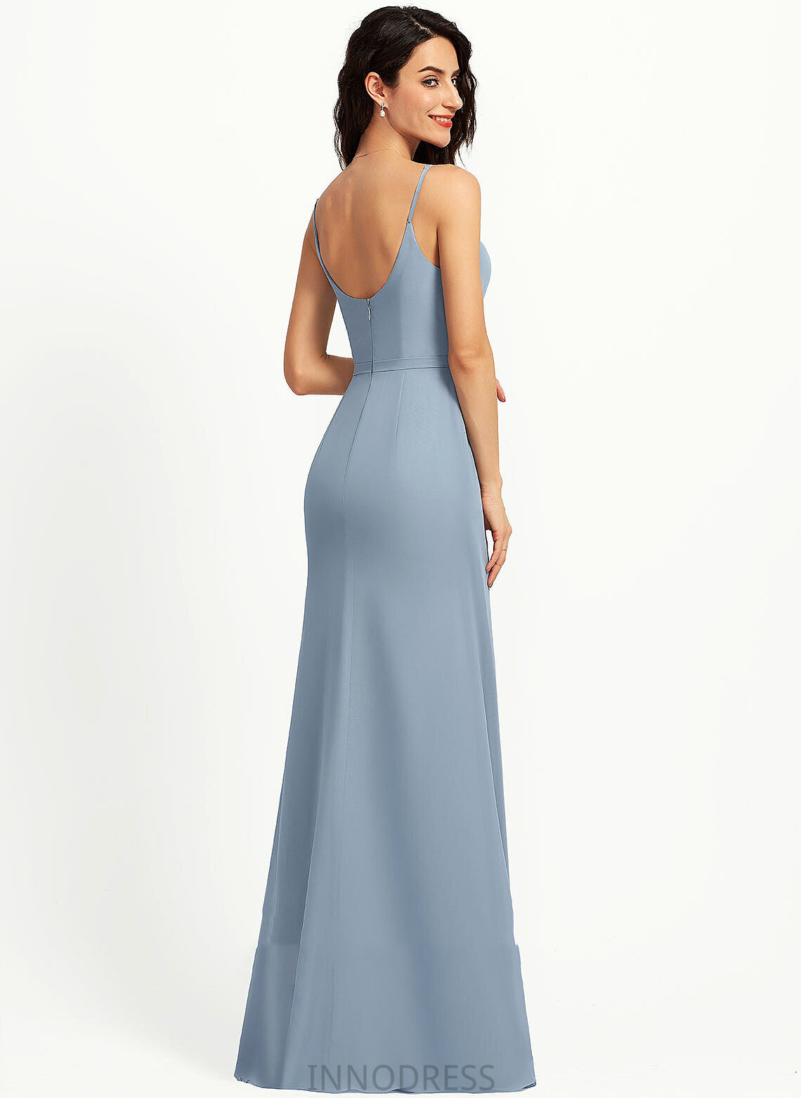 Silhouette Neckline V-neck Fabric Floor-Length Length Straps Sheath/Column Camilla Spaghetti Staps Natural Waist Sleeveless Bridesmaid Dresses