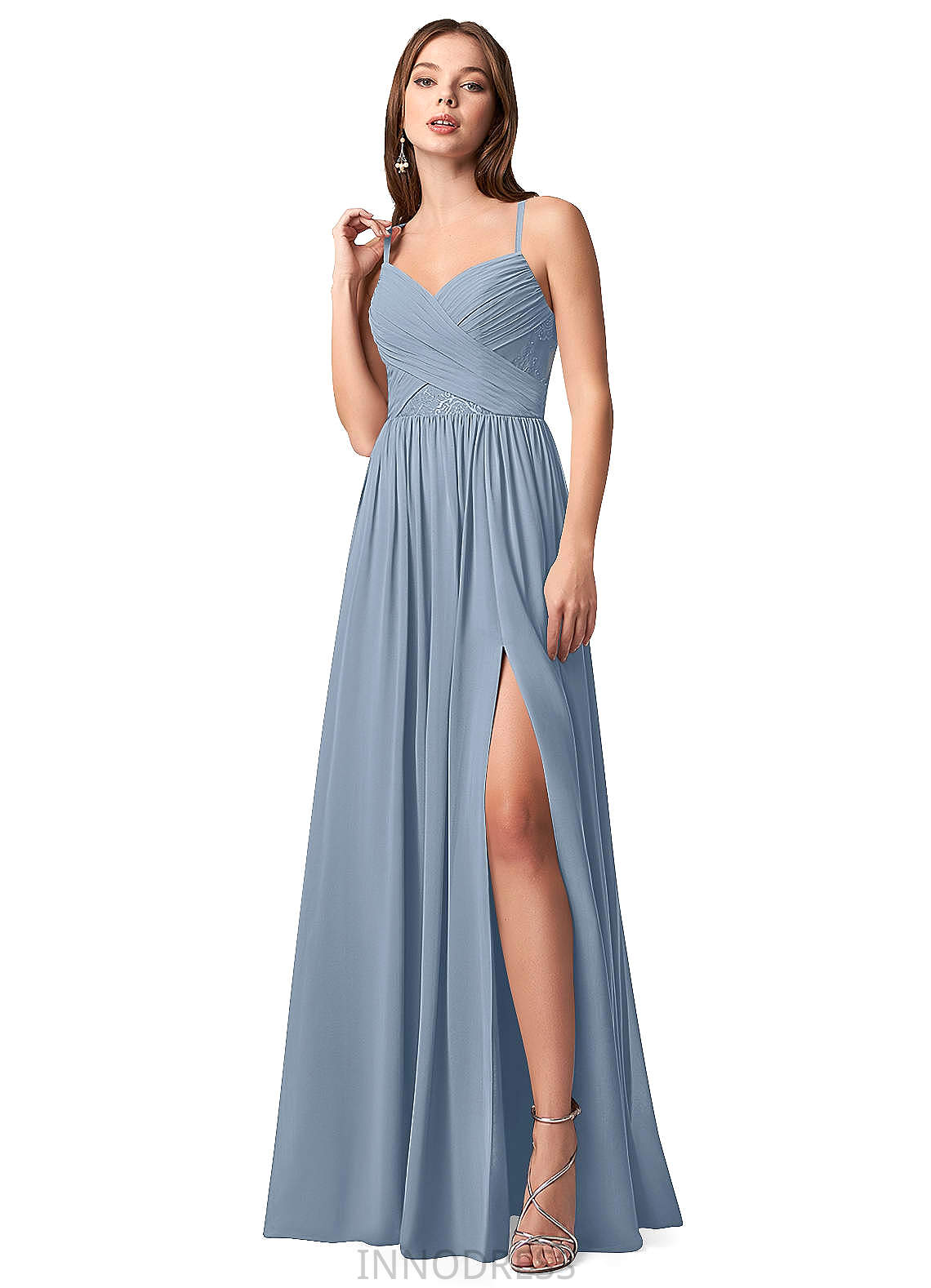 Ireland Spaghetti Staps Satin V-Neck A-Line/Princess Natural Waist Floor Length Sleeveless Bridesmaid Dresses