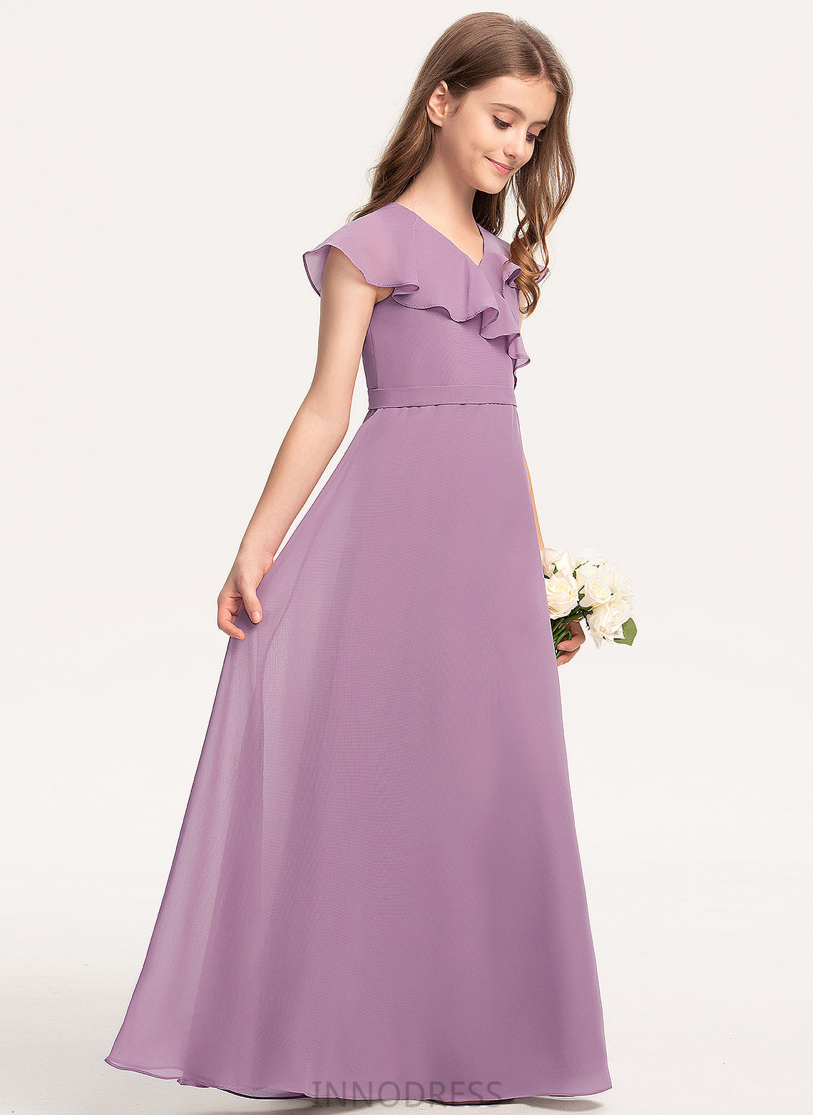 Ruffles A-Line Junior Bridesmaid Dresses Floor-Length With V-neck Bow(s) Molly Cascading Chiffon