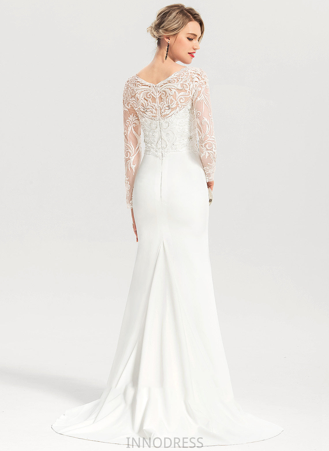 Train Dress Sweep V-neck Eliza Crepe Sequins Wedding Beading With Stretch Trumpet/Mermaid Wedding Dresses