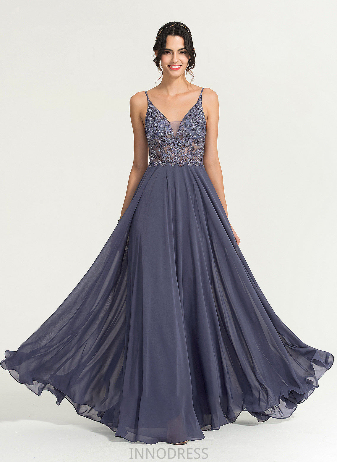 V-neck Lilliana Sequins A-Line Chiffon Beading With Floor-Length Prom Dresses